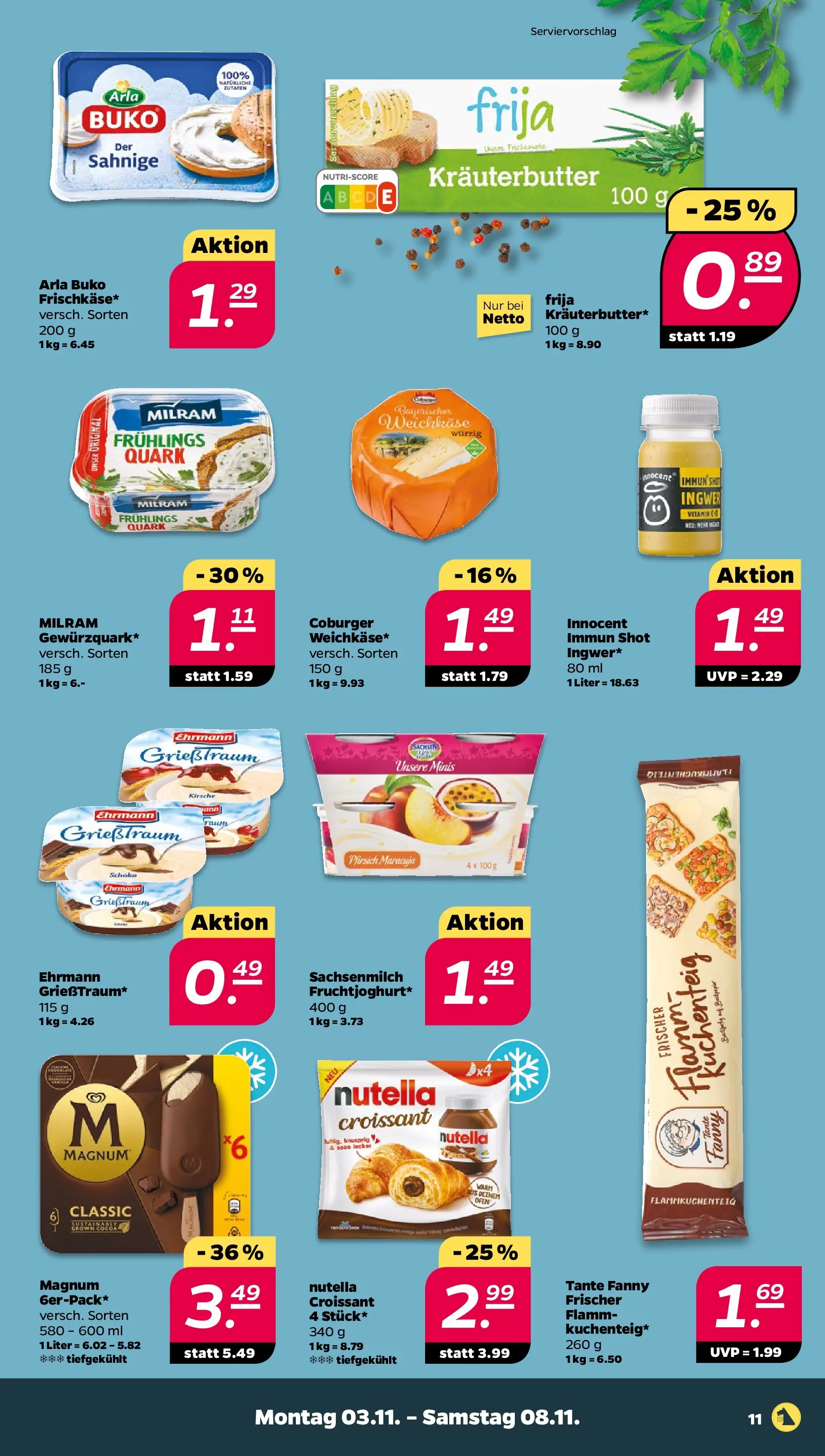 Netto Prospekt 	 ab 03.11.2025 → Angebote nächste Woche | Seite: 11 | Produkte: Quark, Milram, Arla buko, Pfirsich