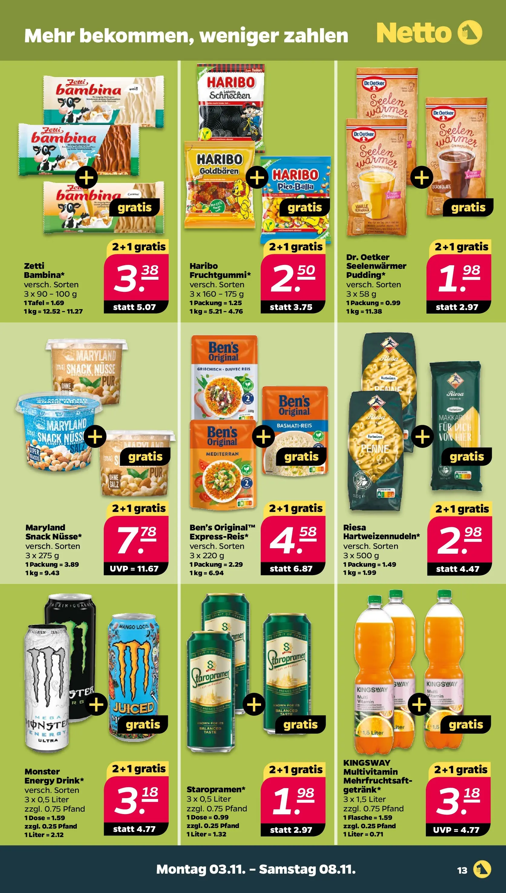 Netto Prospekt 	 ab 03.11.2025 → Angebote nächste Woche | Seite: 13 | Produkte: Haribo, Energy, Monster, Reis