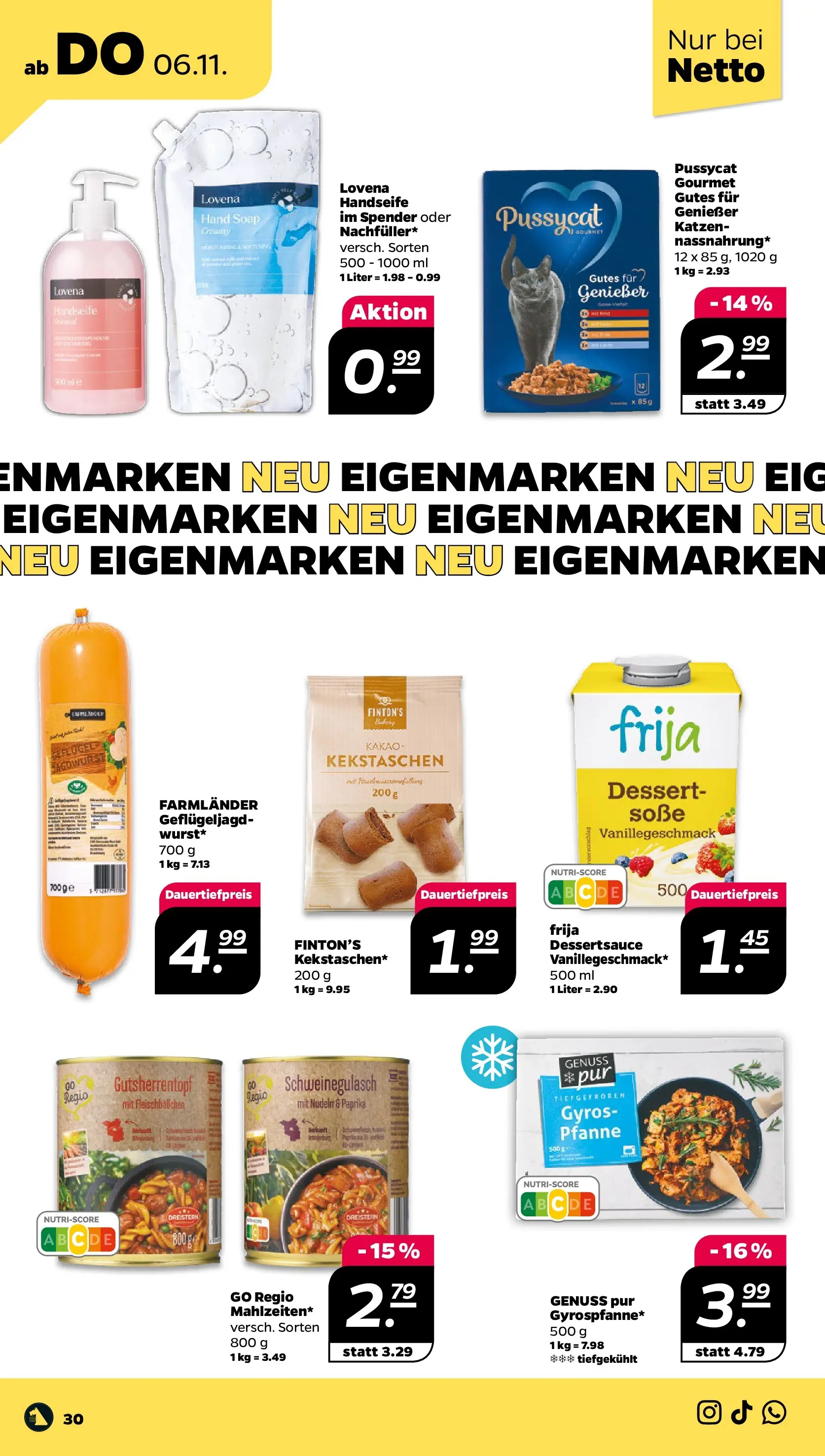 Netto Prospekt 	 ab 03.11.2025 → Angebote nächste Woche | Seite: 32 | Produkte: Schweinegulasch, Gyros, Paprika, Nudeln