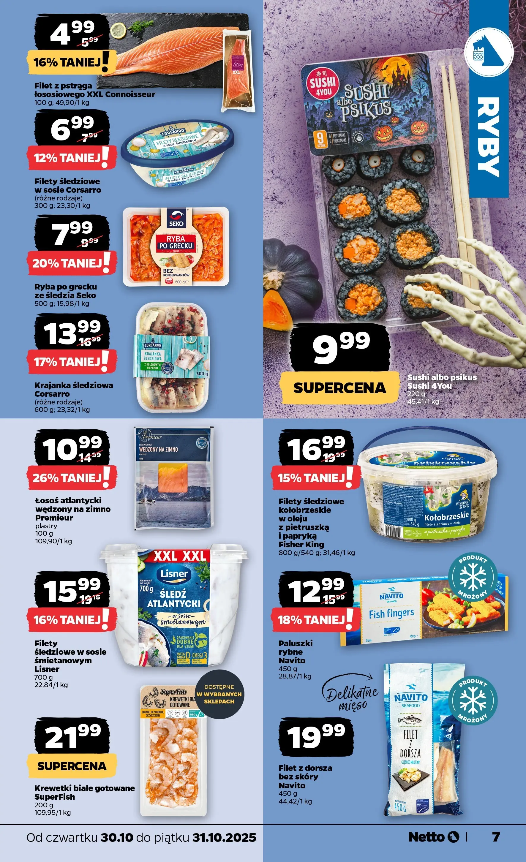 Netto gazetka - Spożywcza od 30.10.2025 - Aktualne promocje | Strona: 7 | Produkty: Filet z dorsza, Mięso, Ryba po grecku, Paluszki