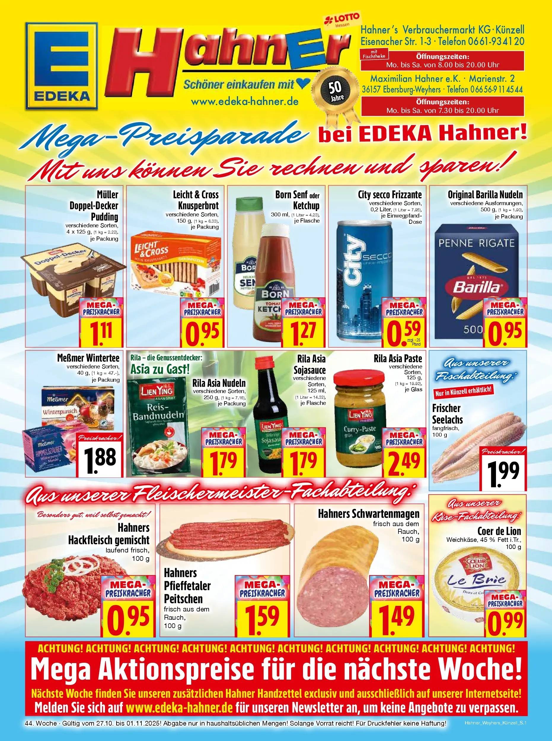 Entdecke - Edeka Hahner: Wochenangebote (ab 26.10.2025) zum Blättern | Seite: 1 | Produkte: Barilla, Reis, Nudeln, Ketchup