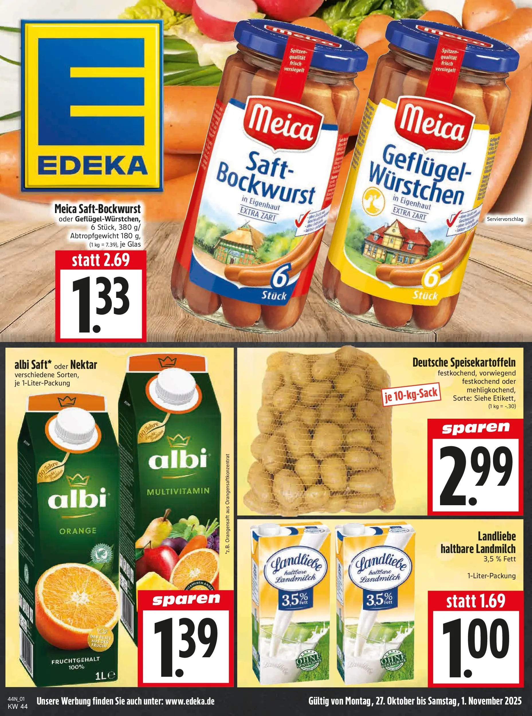 Entdecke - Edeka Hahner: Wochenangebote (ab 26.10.2025) zum Blättern | Seite: 3 | Produkte: Bockwurst, Orangensaft, Meica, Saft