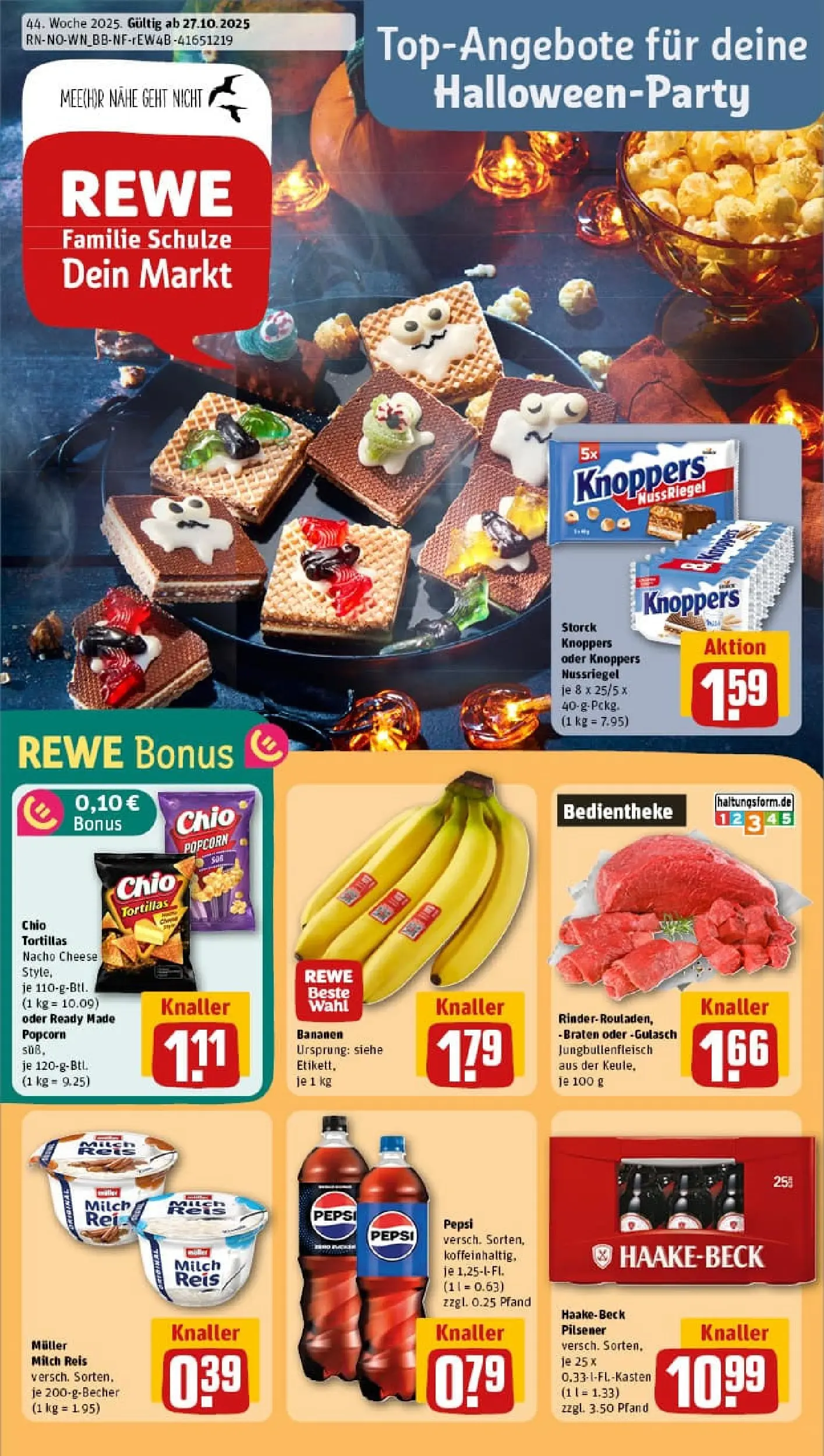 REWE Prospekt ab 26.10.2025 zum Blättern » Angebote | Seite: 1 | Produkte: Milch, Bananen, Gulasch, Pepsi