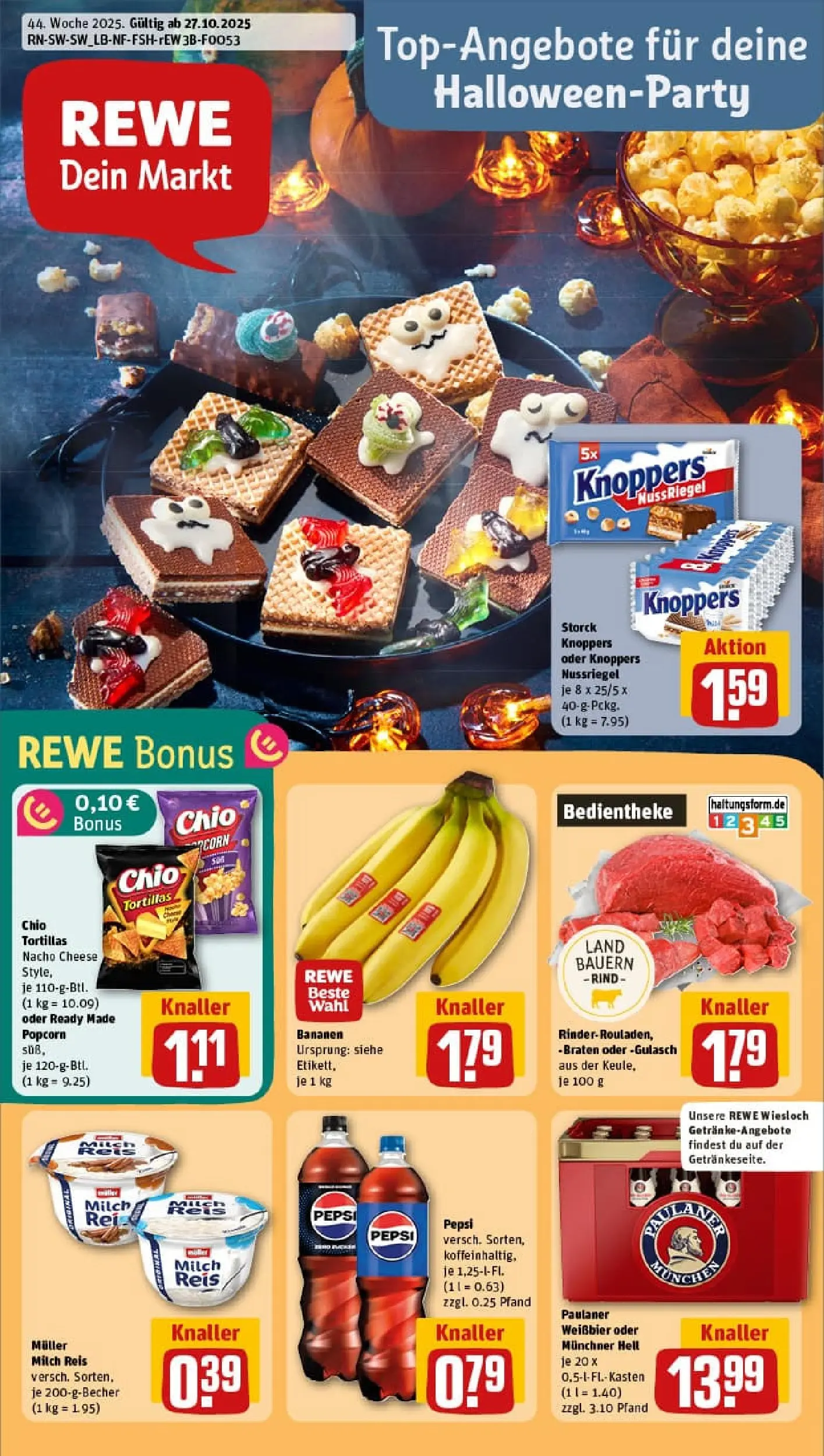 REWE Prospekt ab 26.10.2025 zum Blättern » Angebote | Seite: 1 | Produkte: Bananen, Chio tortillas, Chips, Paulaner