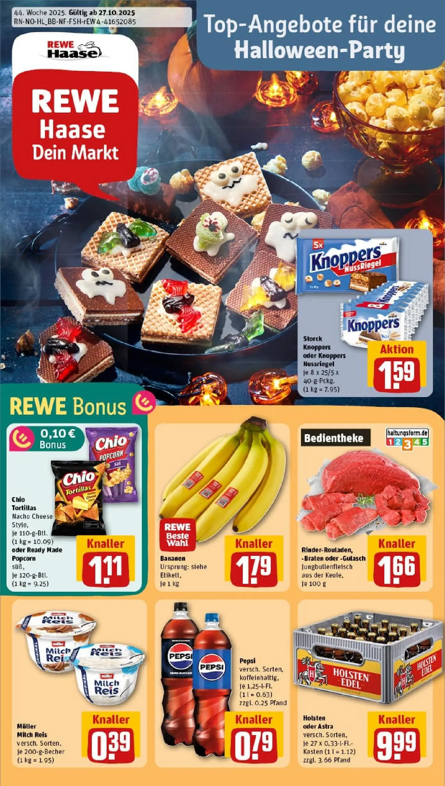 REWE Prospekt ab 26.10.2025 zum Blättern » Angebote | Seite: 1 | Produkte: Milch, Knoppers, Pepsi, Chips
