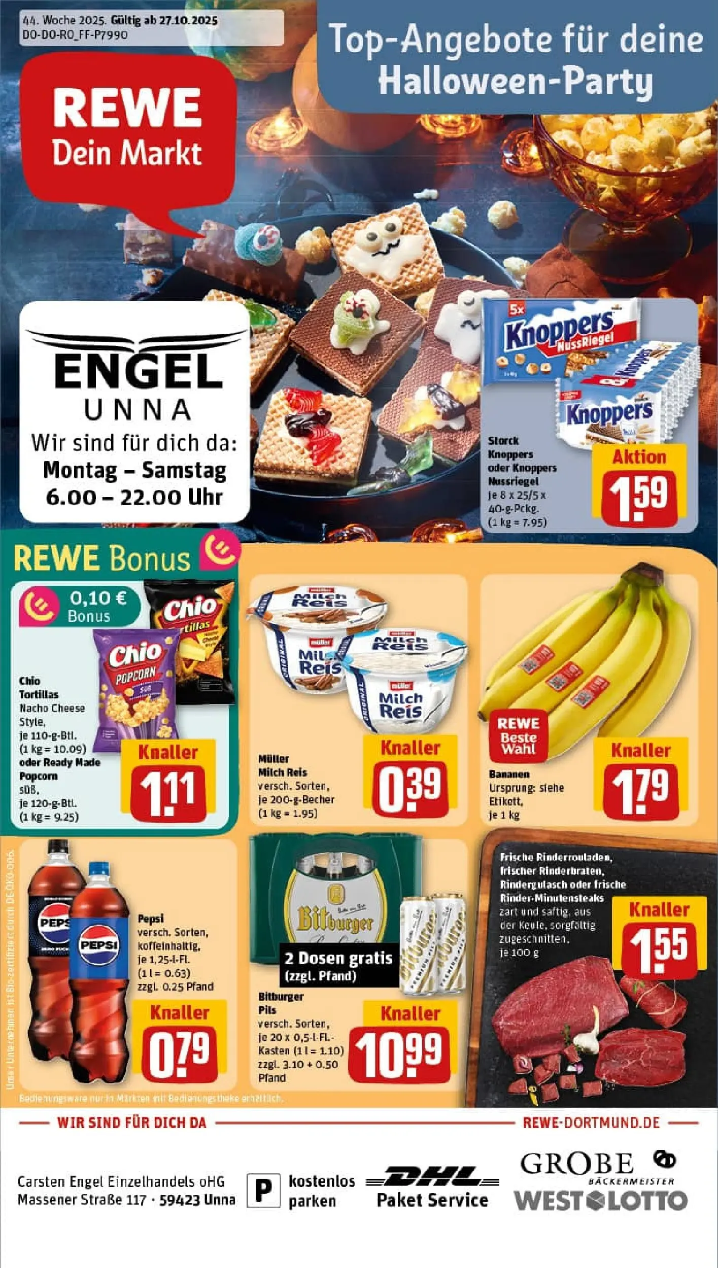 REWE Prospekt ab 26.10.2025 zum Blättern » Angebote | Seite: 1 | Produkte: Rindergulasch, Bananen, Knoppers, Chio tortillas