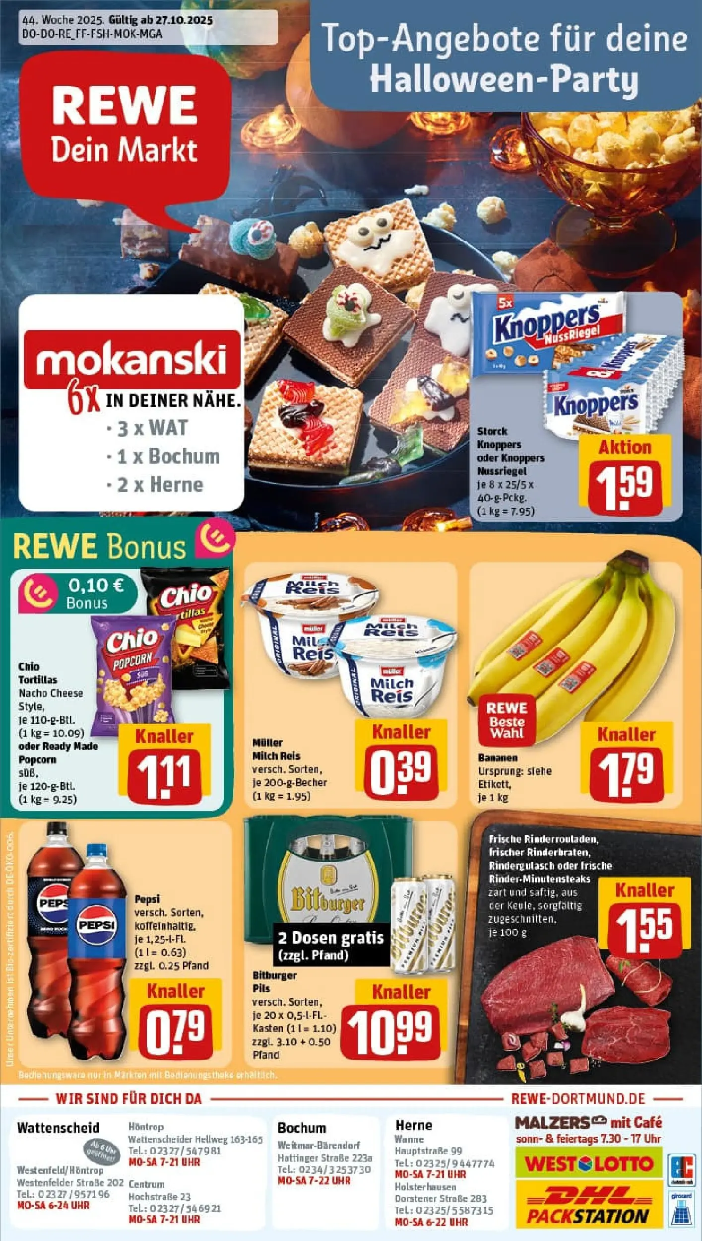 REWE Prospekt ab 26.10.2025 zum Blättern » Angebote | Seite: 1 | Produkte: Milch, Pils, Knoppers, Uhr