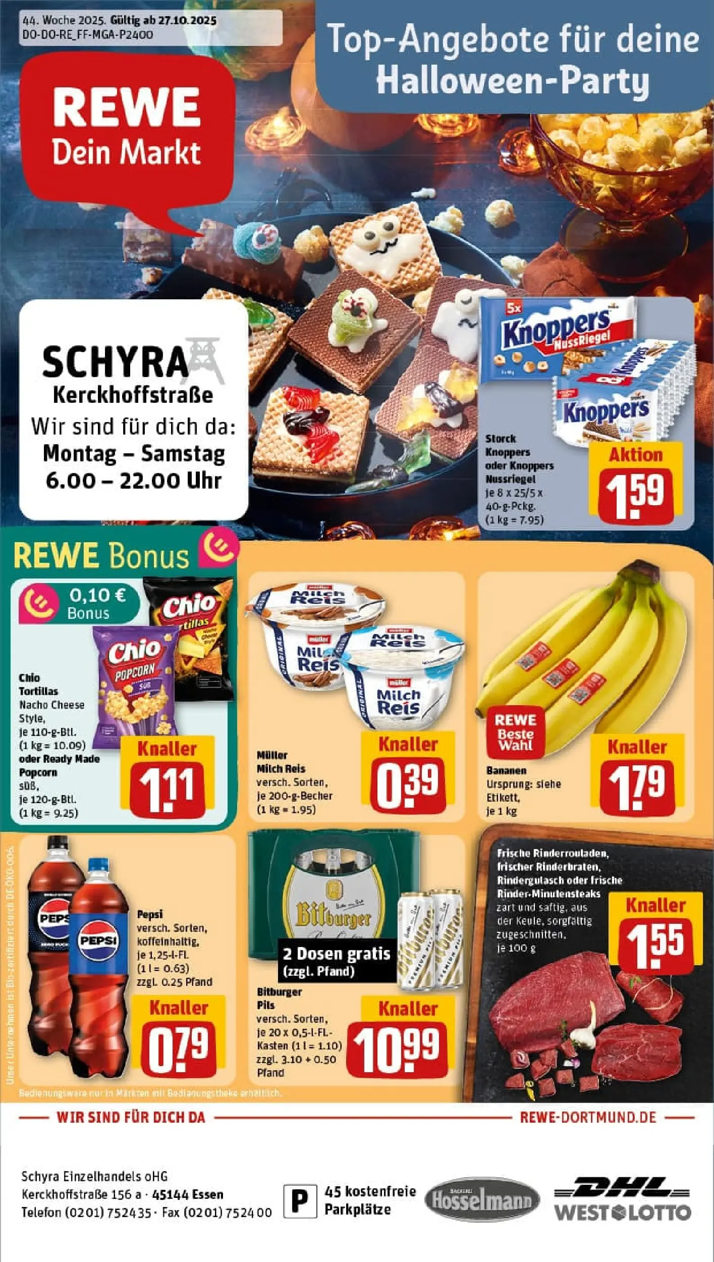 REWE Prospekt ab 26.10.2025 zum Blättern » Angebote | Seite: 1 | Produkte: Bitburger, Bananen, Knoppers, Telefon