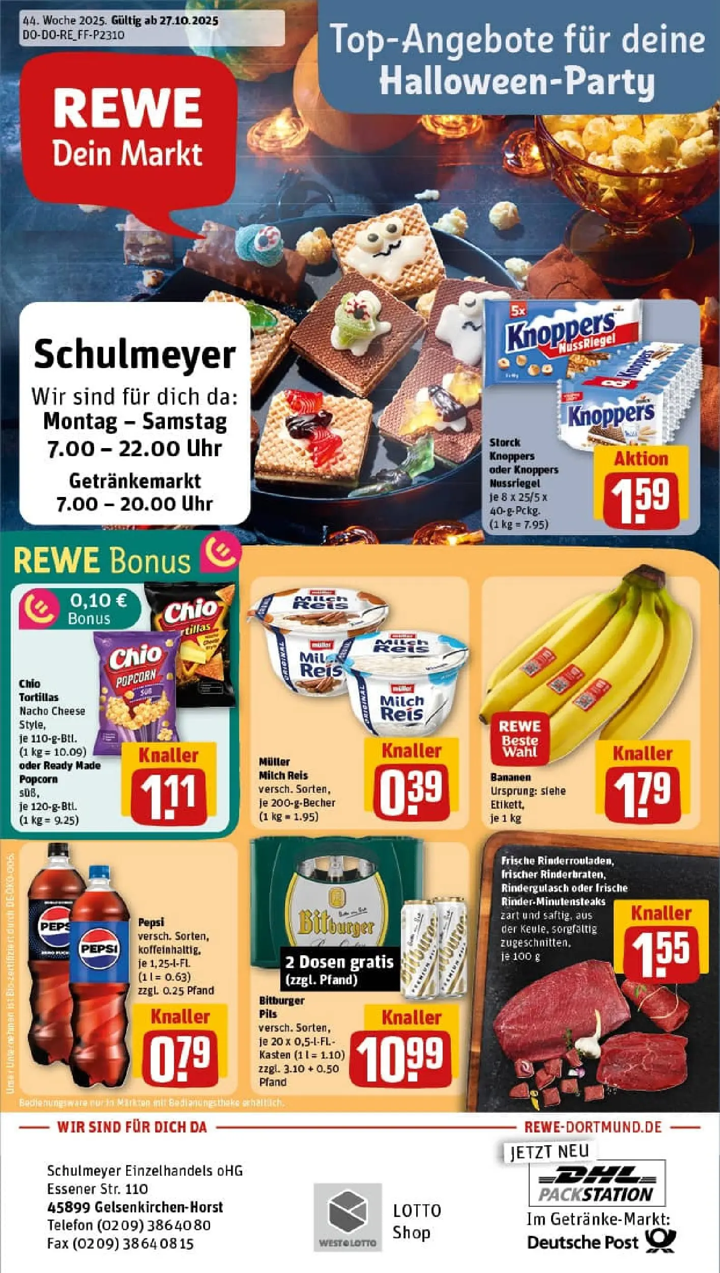 REWE Prospekt ab 26.10.2025 zum Blättern » Angebote | Seite: 1 | Produkte: Rindergulasch, Pils, Bananen, Telefon