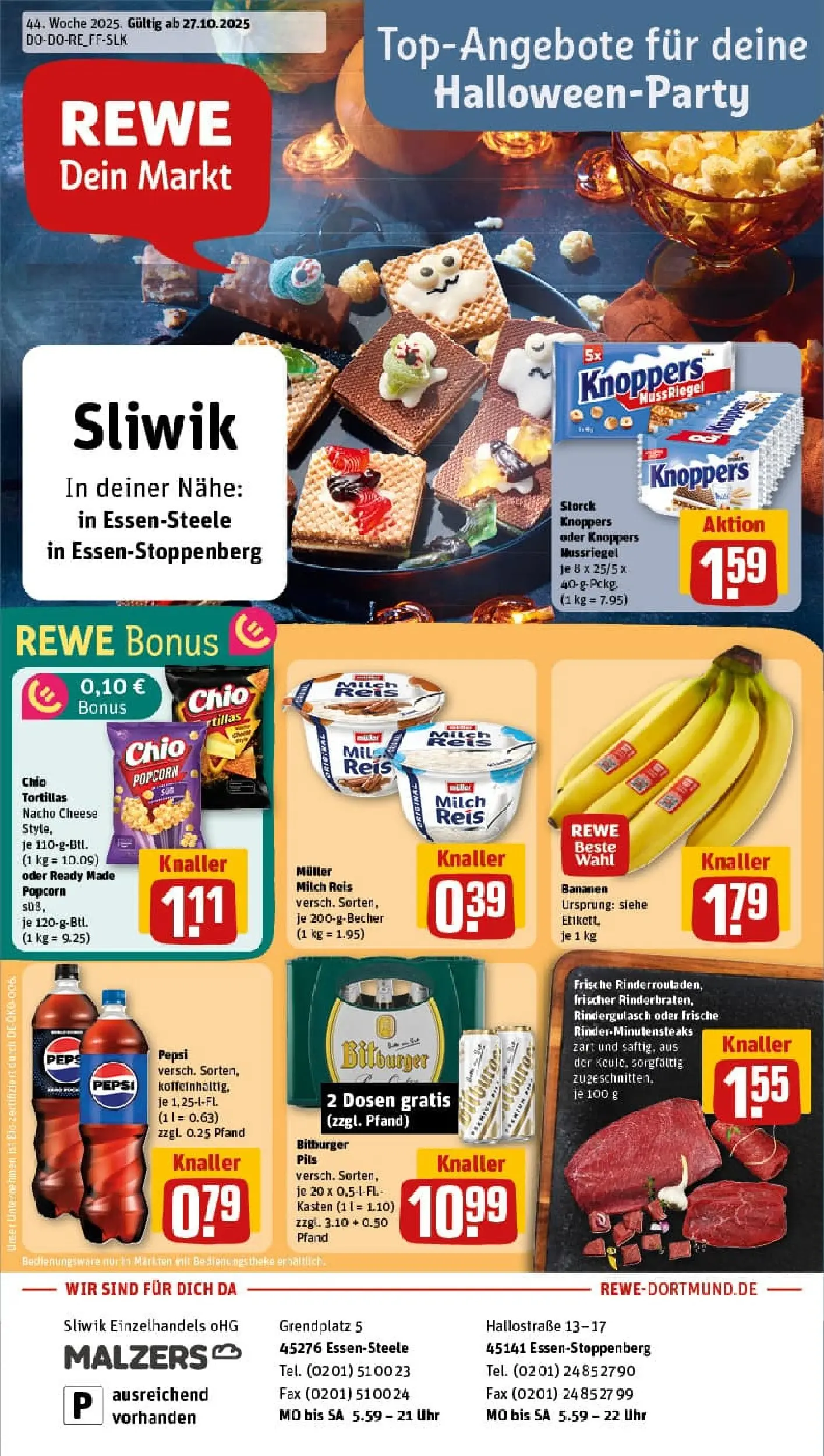 REWE Prospekt ab 26.10.2025 zum Blättern » Angebote | Seite: 1 | Produkte: Rindergulasch, Pils, Bananen, Uhr