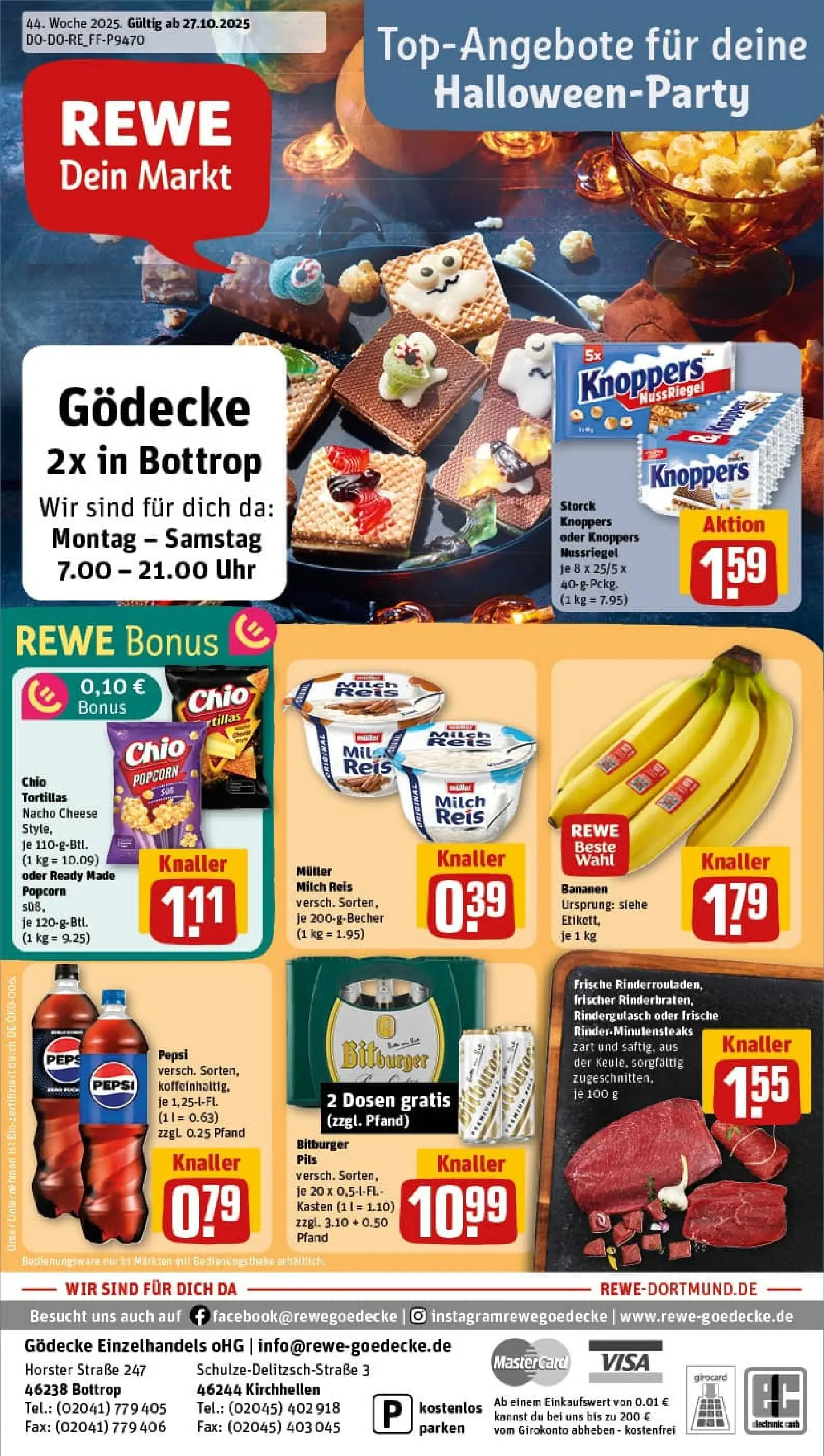 REWE Prospekt ab 26.10.2025 zum Blättern » Angebote | Seite: 1 | Produkte: Rindergulasch, Bananen, Knoppers, Pepsi