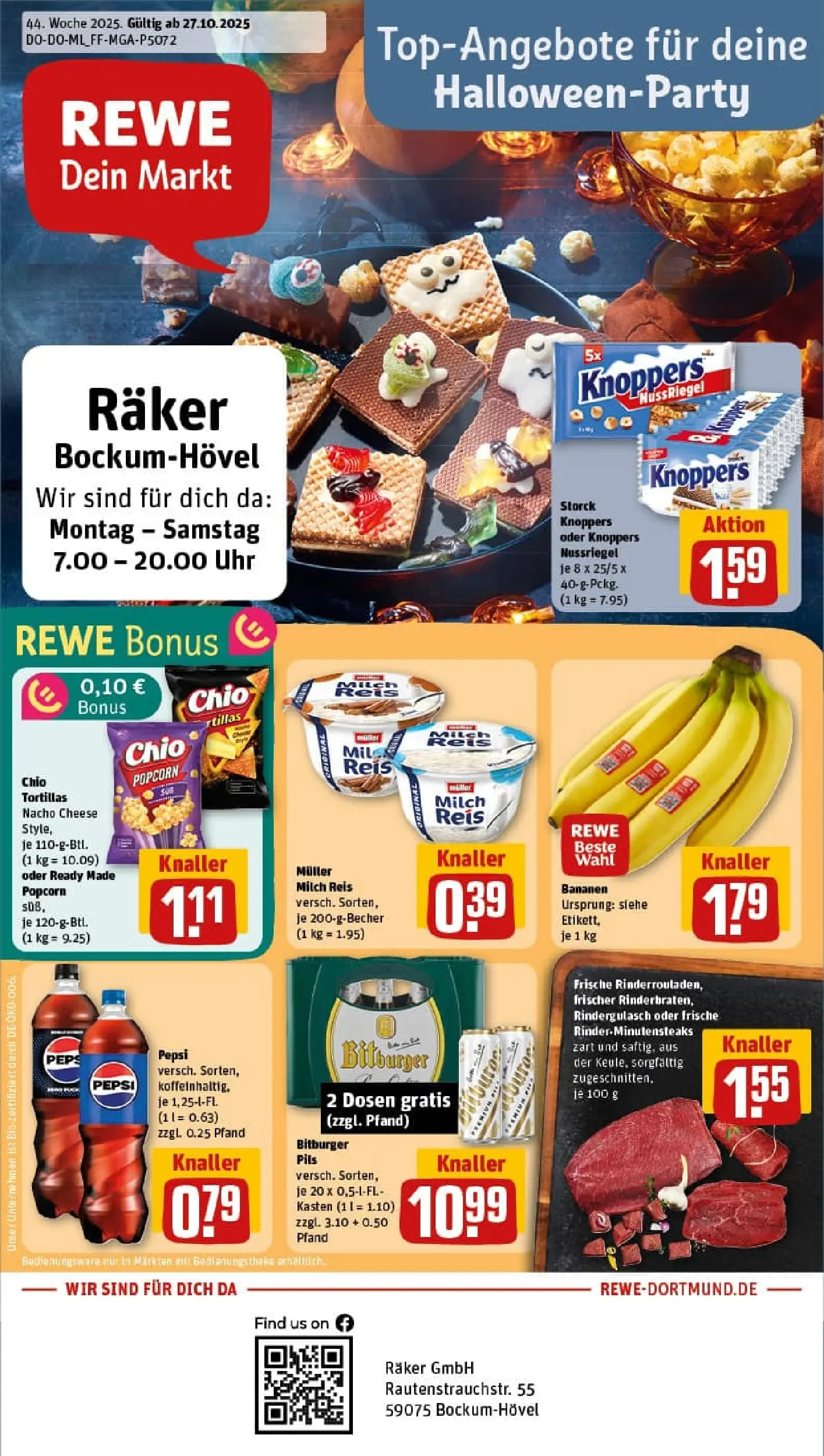 REWE Prospekt ab 26.10.2025 zum Blättern » Angebote | Seite: 1 | Produkte: Milch, Bananen, Chio tortillas, Uhr