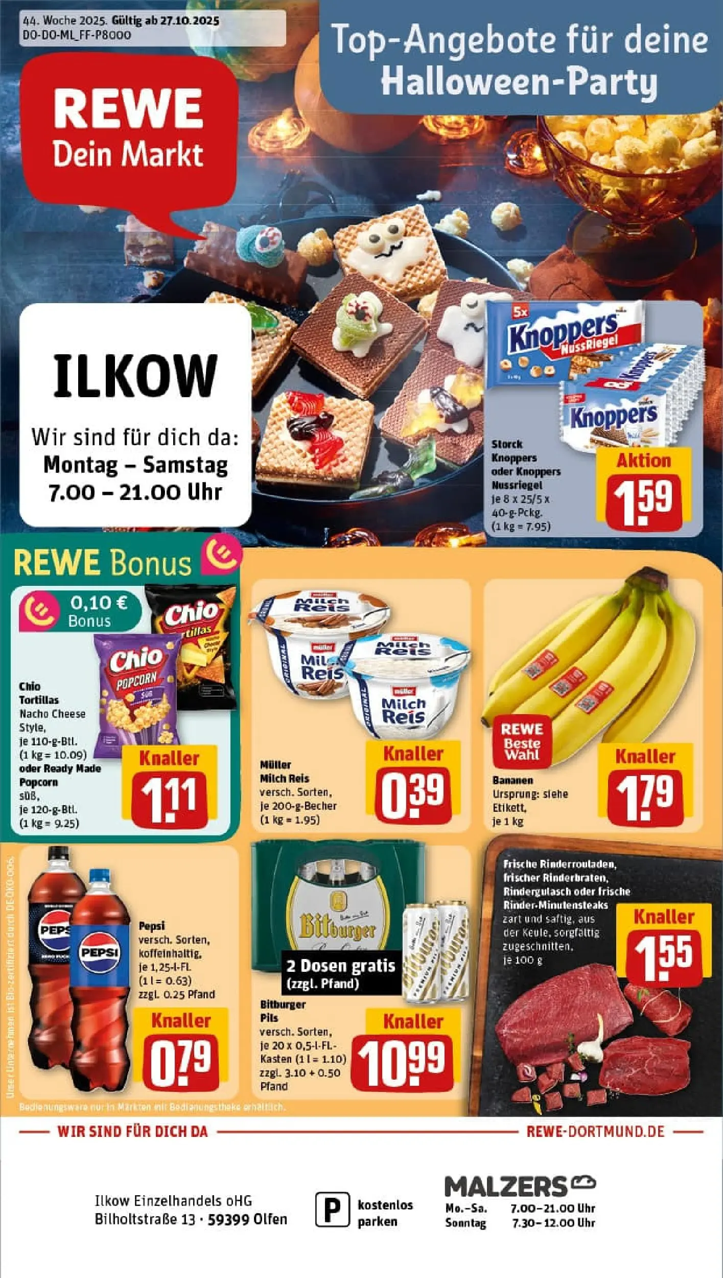 REWE Prospekt ab 26.10.2025 zum Blättern » Angebote | Seite: 1 | Produkte: Bitburger, Knoppers, Chio tortillas, Uhr