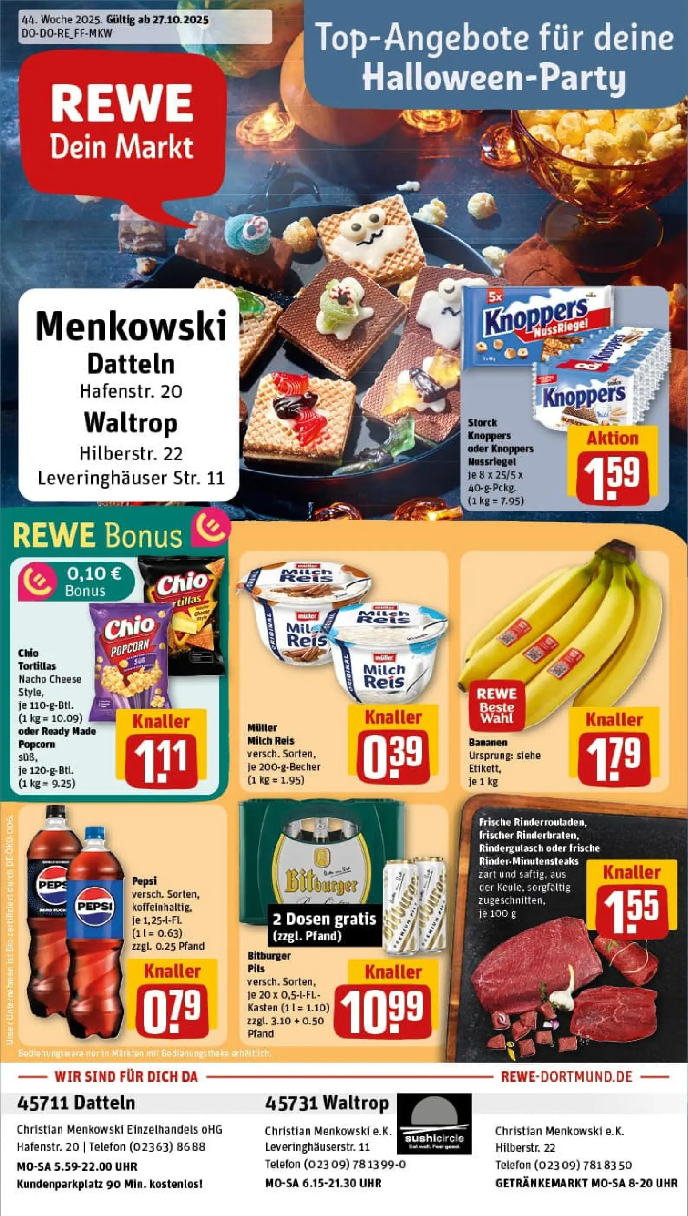 REWE Prospekt ab 26.10.2025 zum Blättern » Angebote | Seite: 1 | Produkte: Rindergulasch, Milch, Pepsi, Uhr