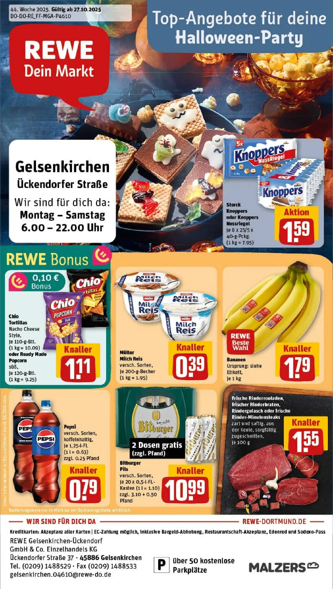 REWE Prospekt ab 26.10.2025 zum Blättern » Angebote | Seite: 1 | Produkte: Bitburger, Rindergulasch, Pepsi, Chio tortillas