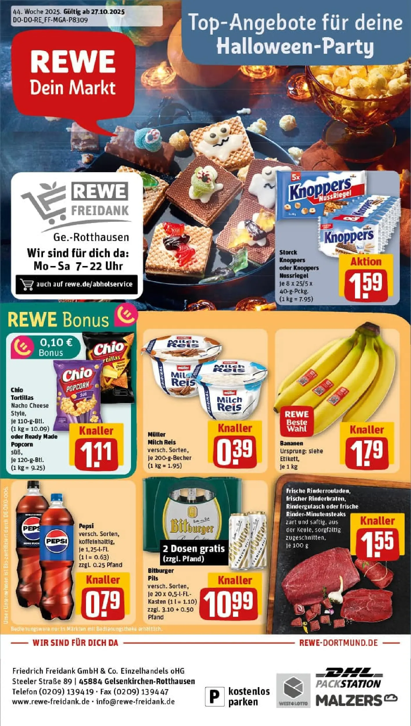 REWE Prospekt ab 26.10.2025 zum Blättern » Angebote | Seite: 1 | Produkte: Milch, Knoppers, Reis, Uhr