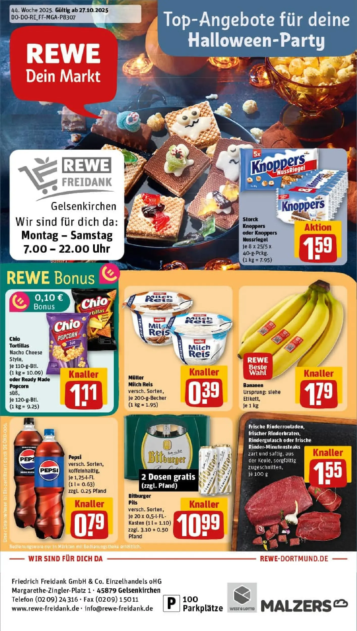 REWE Prospekt ab 26.10.2025 zum Blättern » Angebote | Seite: 1 | Produkte: Theke, Bananen, Knoppers, Telefon