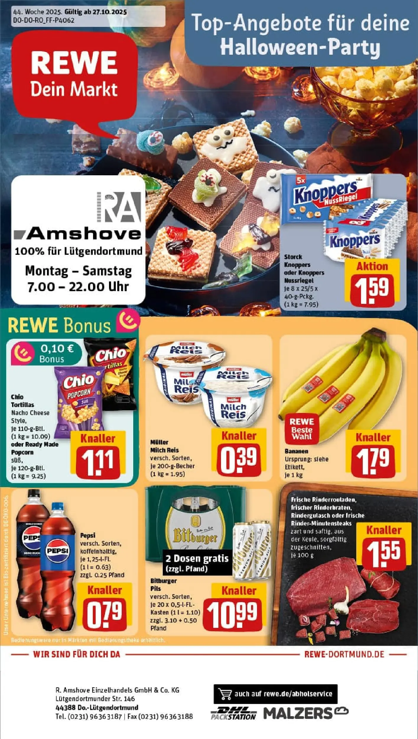 REWE Prospekt ab 26.10.2025 zum Blättern » Angebote | Seite: 1 | Produkte: Milch, Pils, Chio tortillas, Uhr