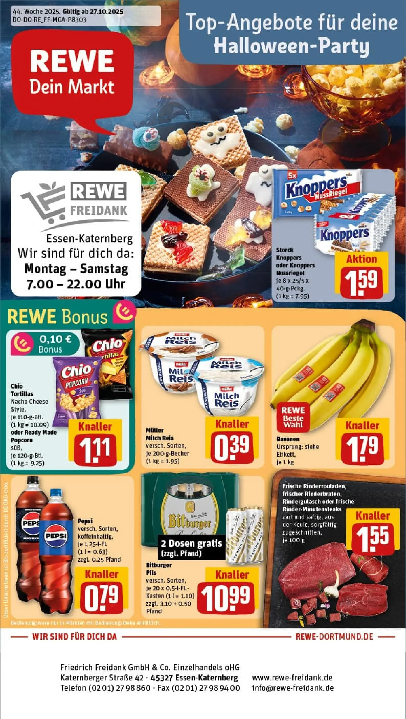 REWE Prospekt ab 26.10.2025 zum Blättern » Angebote | Seite: 1 | Produkte: Rindergulasch, Chio tortillas, Telefon, Uhr