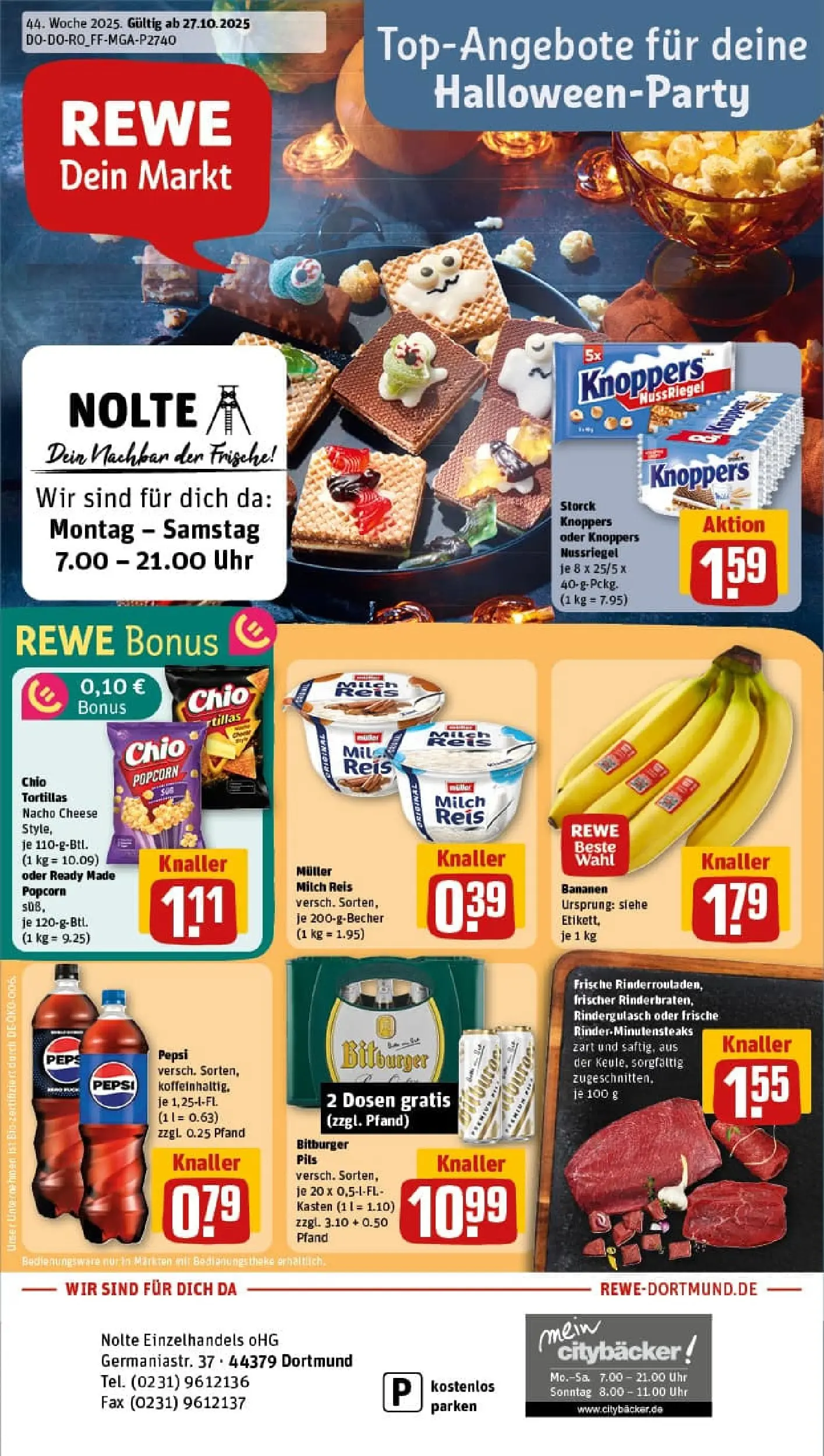 REWE Prospekt ab 26.10.2025 zum Blättern » Angebote | Seite: 1 | Produkte: Bitburger, Rindergulasch, Milch, Bananen