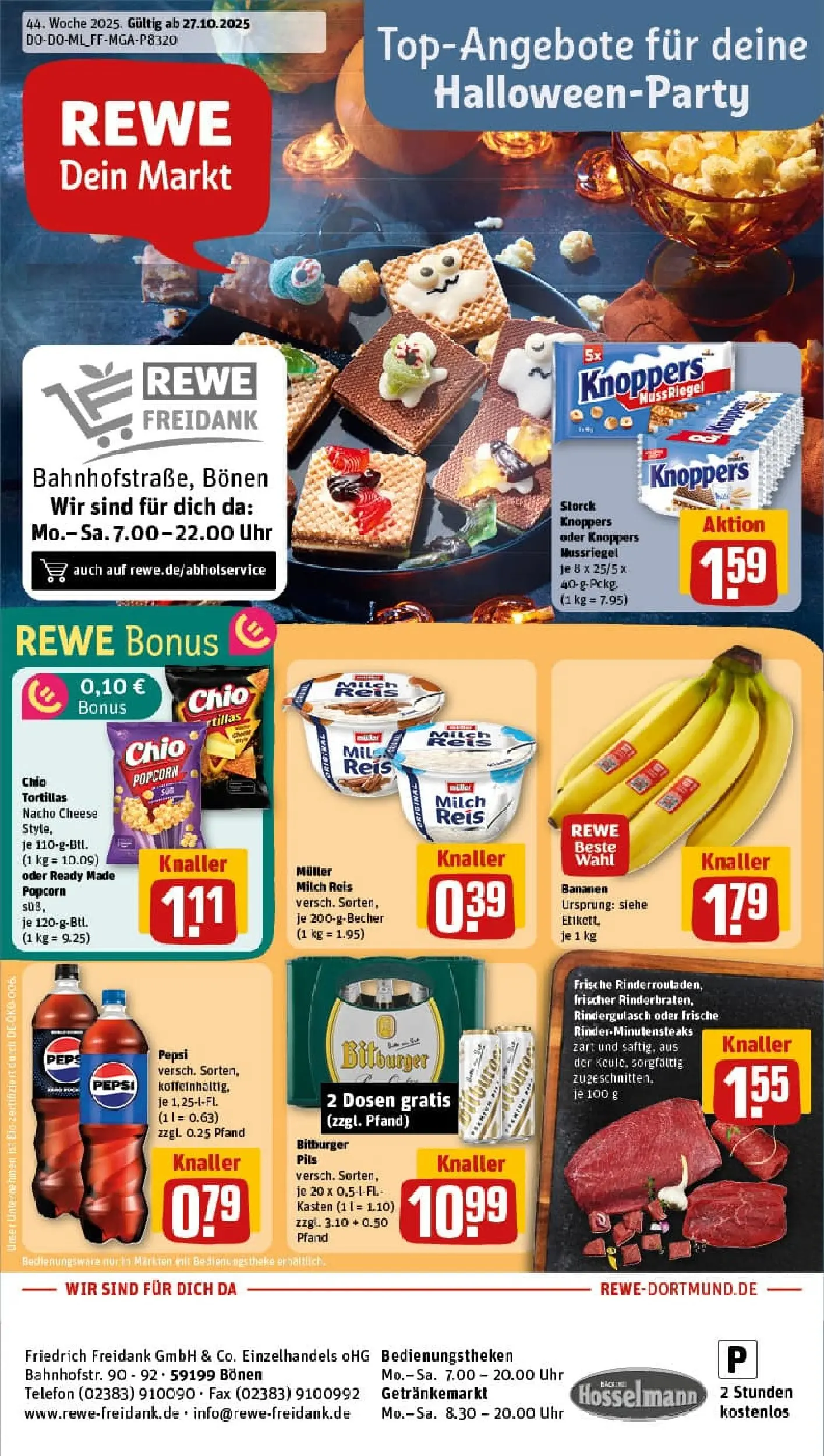 REWE Prospekt ab 26.10.2025 zum Blättern » Angebote | Seite: 1 | Produkte: Milch, Theke, Pils, Knoppers