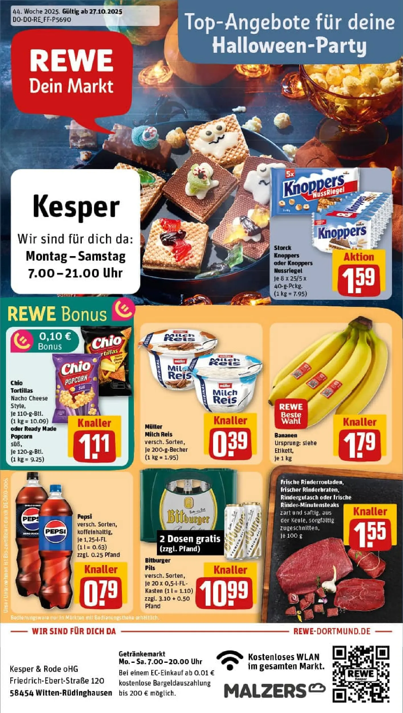 REWE Prospekt ab 26.10.2025 zum Blättern » Angebote | Seite: 1 | Produkte: Theke, Bananen, Reis, Uhr