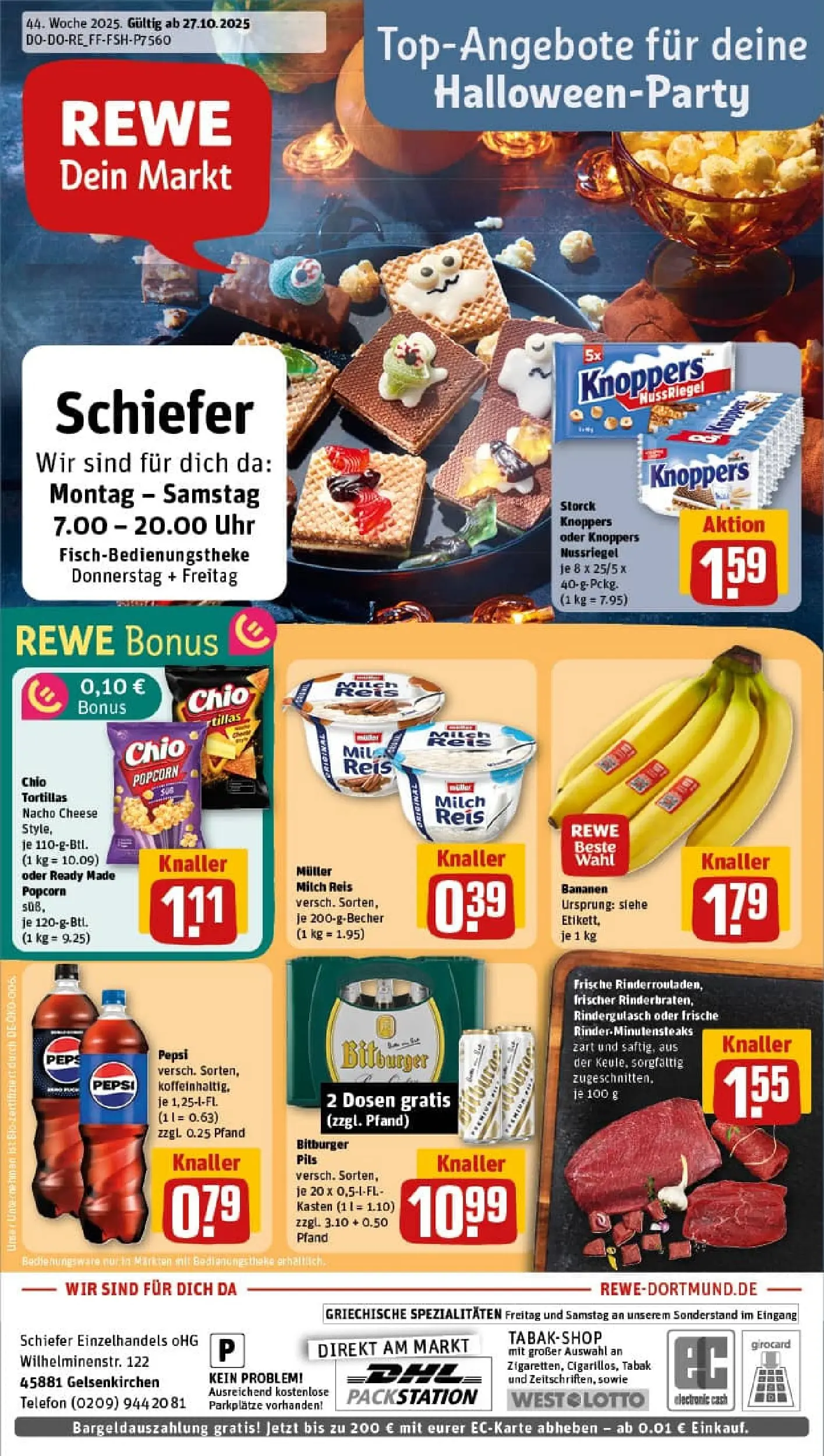 REWE Prospekt ab 26.10.2025 zum Blättern » Angebote | Seite: 1 | Produkte: Bitburger, Pils, Knoppers, Reis