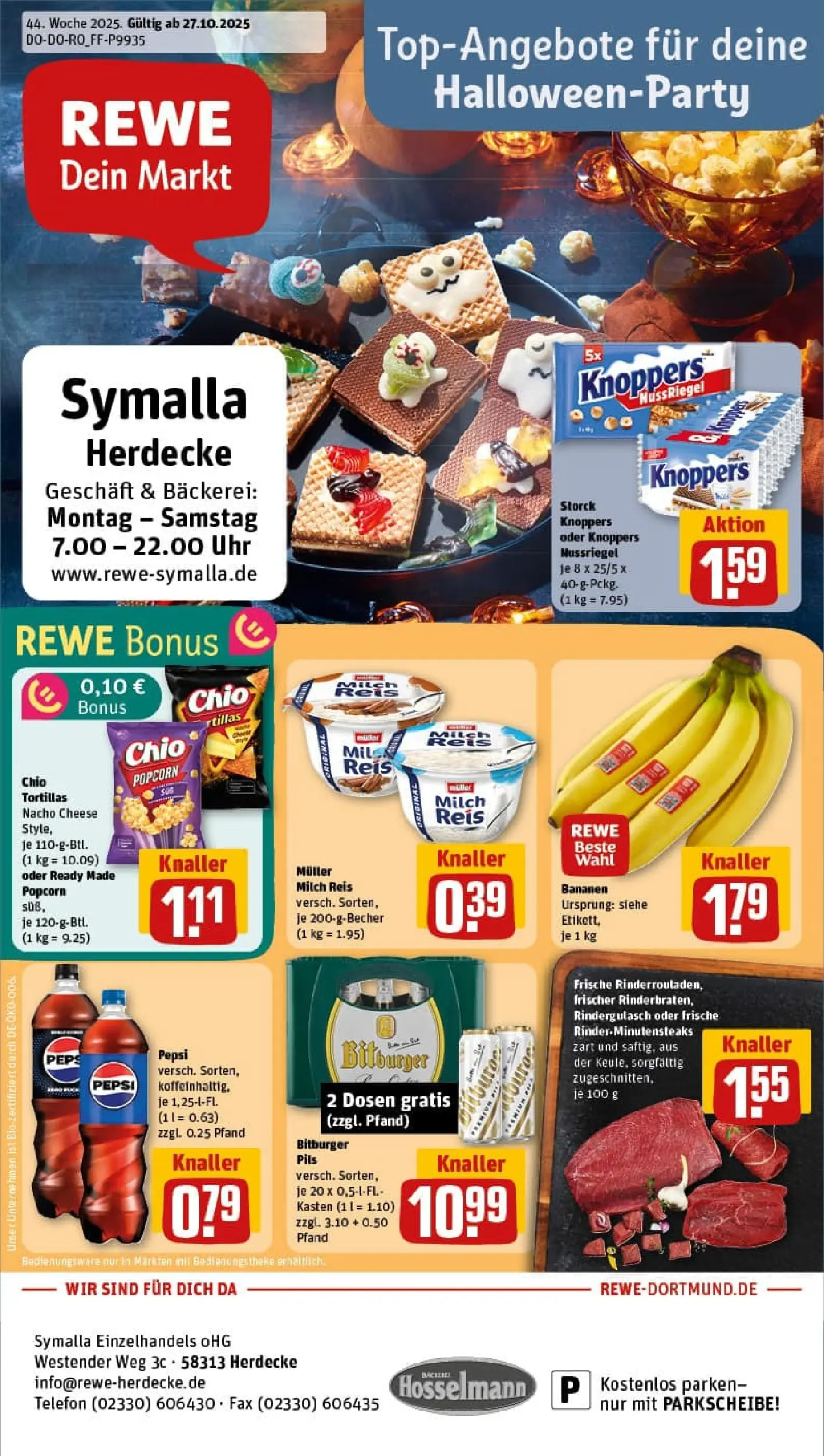 REWE Prospekt ab 26.10.2025 zum Blättern » Angebote | Seite: 1 | Produkte: Bäckerei, Knoppers, Reis, Telefon