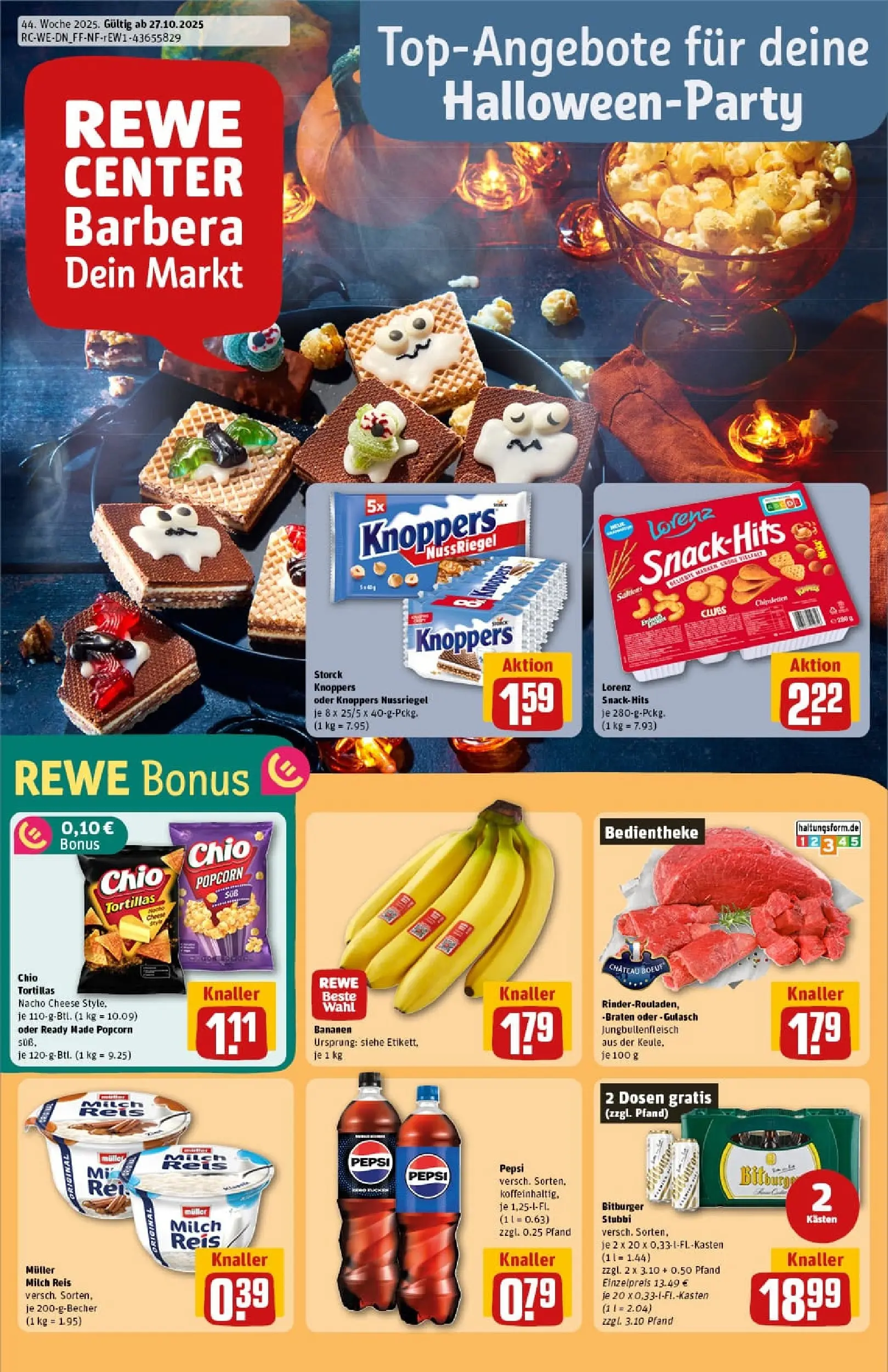 REWE Prospekt ab 26.10.2025 zum Blättern » Angebote | Seite: 1 | Produkte: Rinderrouladen, Chio tortillas, Reis, Chips