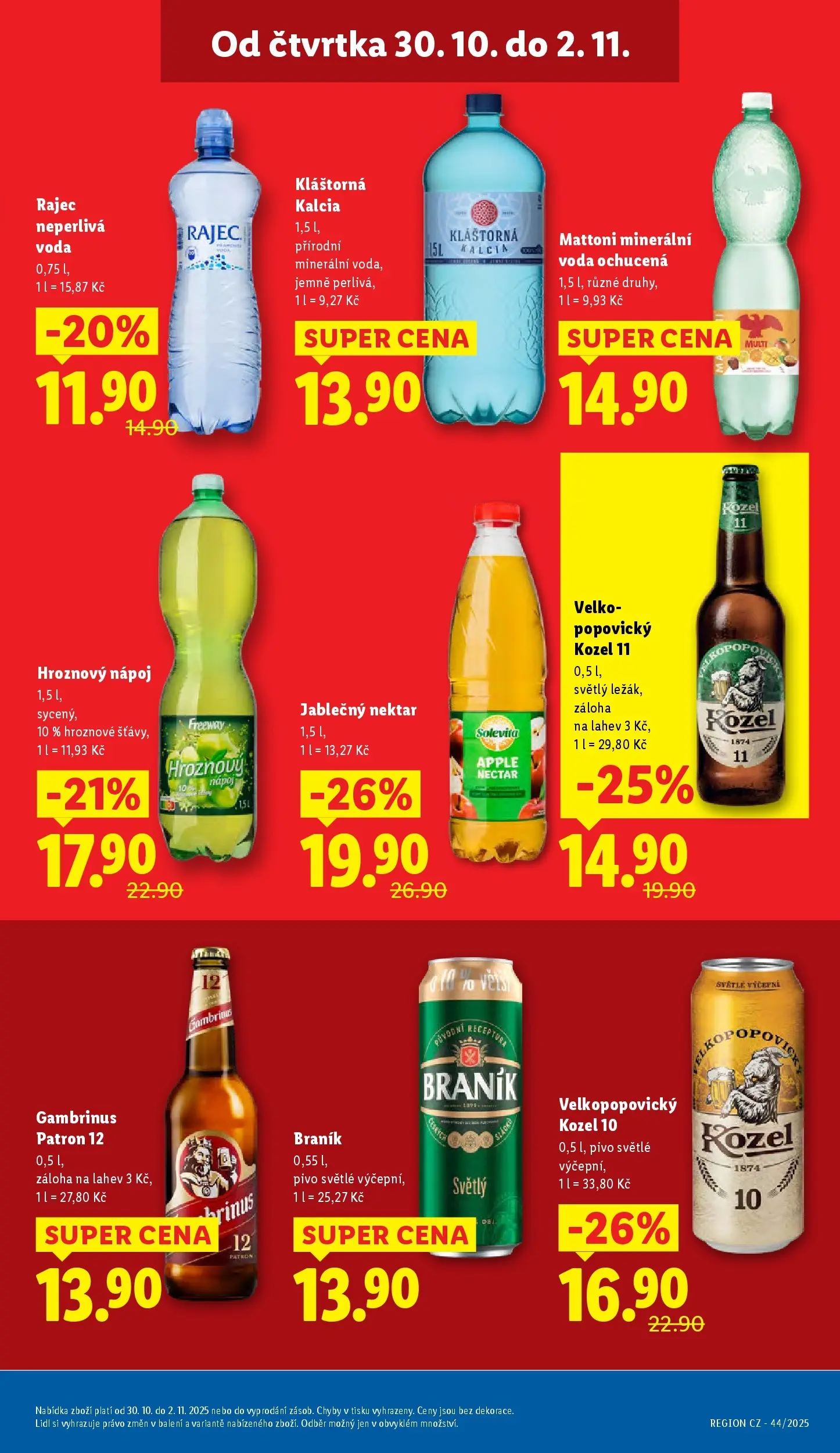 Lidl leták od 29.10.2025 - Nový akční leták | Strana: 19 | Produkty: Voda, Kozel 10, Velkopopovický Kozel, Gambrinus