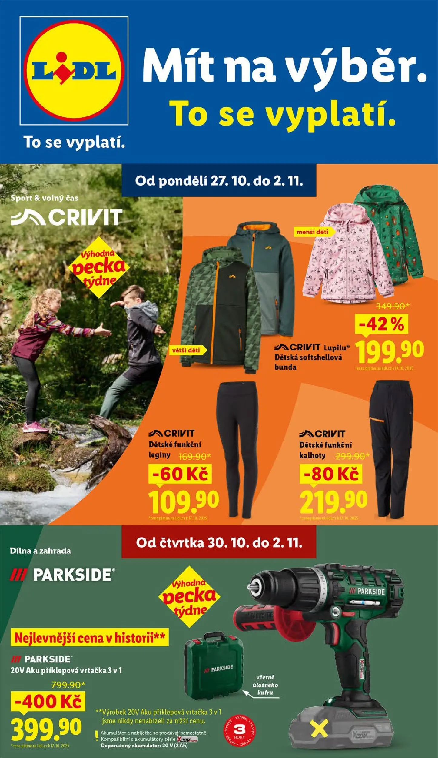 Lidl leták od 26.10.2025 - Nový akční leták | Strana: 1 | Produkty: Parkside, Legíny, Pants, Dětská softshellová bunda