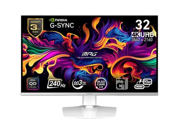 MSI MPG 321URXWDE QD-OLED 31,5 Zoll Gaming Monitor, UHD 4K, 0,03 ms Reaktionszeit, 250 cd/m², 240 Hz, Weiß