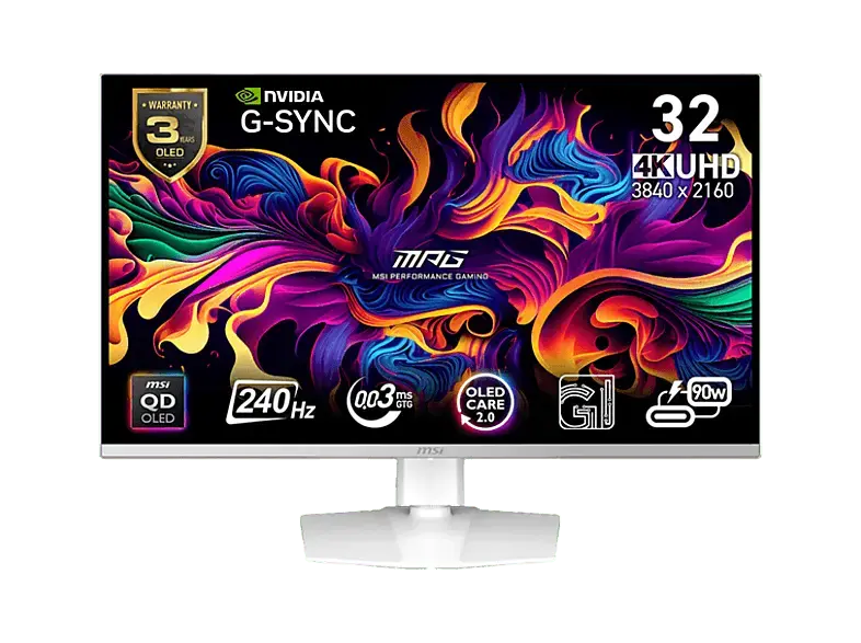 MSI MPG 321URXWDE QD-OLED 31,5 Zoll Gaming Monitor, UHD 4K, 0,03 ms Reaktionszeit, 250 cd/m², 240 Hz, Weiß