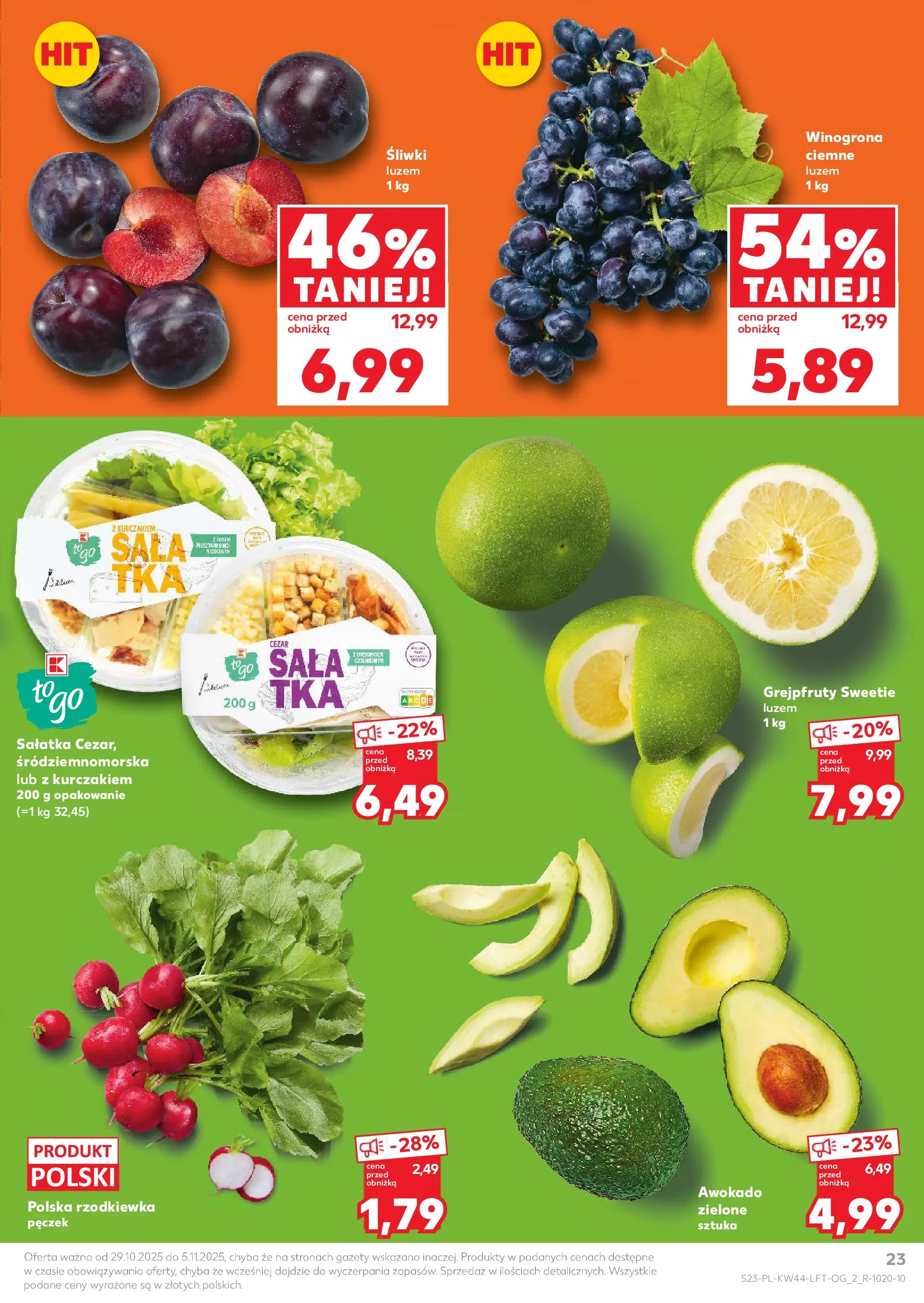Kaufland gazetka od 29.10.2025 - od jutra PDF | Strona: 23 | Produkty: Winogrona, Śliwki, Sałatka, Awokado