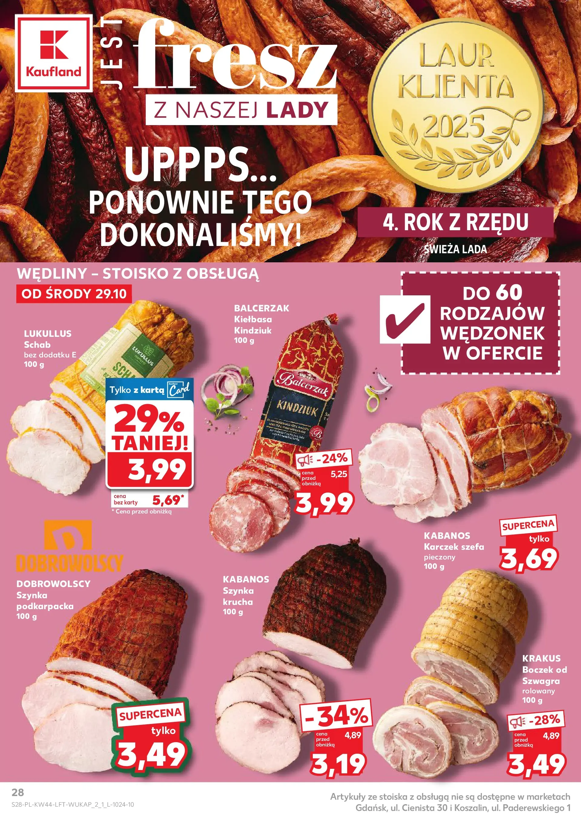 Kaufland gazetka od 29.10.2025 - od jutra PDF | Strona: 28 | Produkty: Kiełbasa, Karta, Schab, Kindziuk