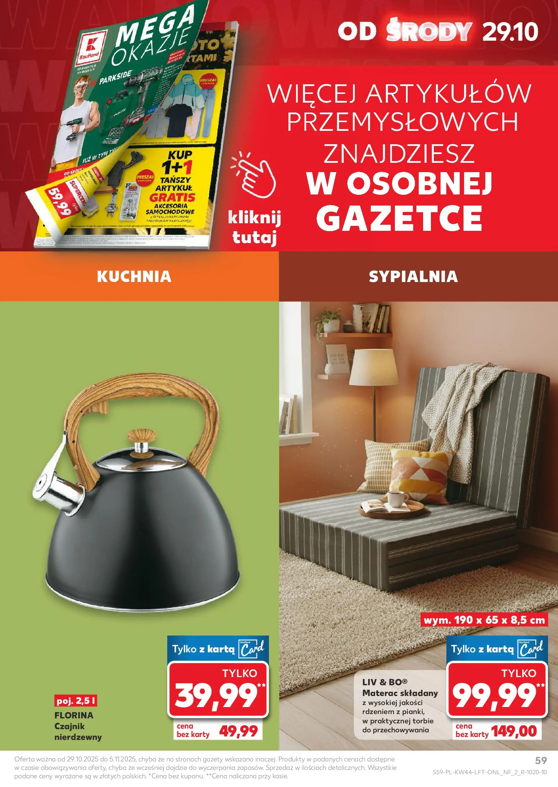 Kaufland gazetka od 29.10.2025 - od jutra PDF | Strona: 59 | Produkty: Karta, Czajnik, Materac, Materac składany