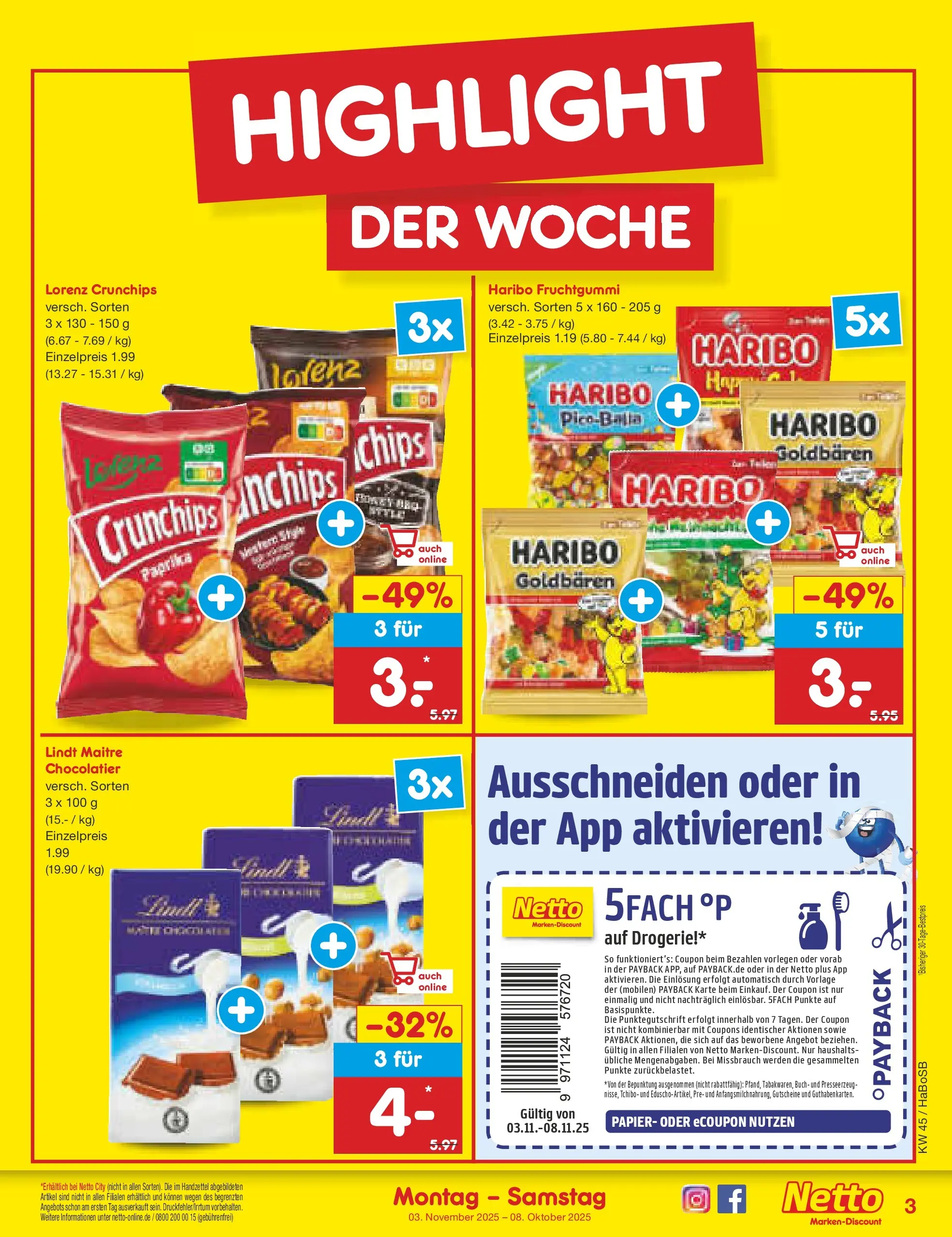 Netto Marken-Discount prospekt Wuppertal	 (ab 03.11.2025) » Angebote | Seite: 3 | Produkte: Haribo, Lorenz crunchips, Lindt, Chips Netto Marken-Discount prospekt Wuppertal	 (ab 03.11.2025) » Angebote | Seite: 3 | Produkte: Haribo, Lorenz crunchips, Lindt, Chips