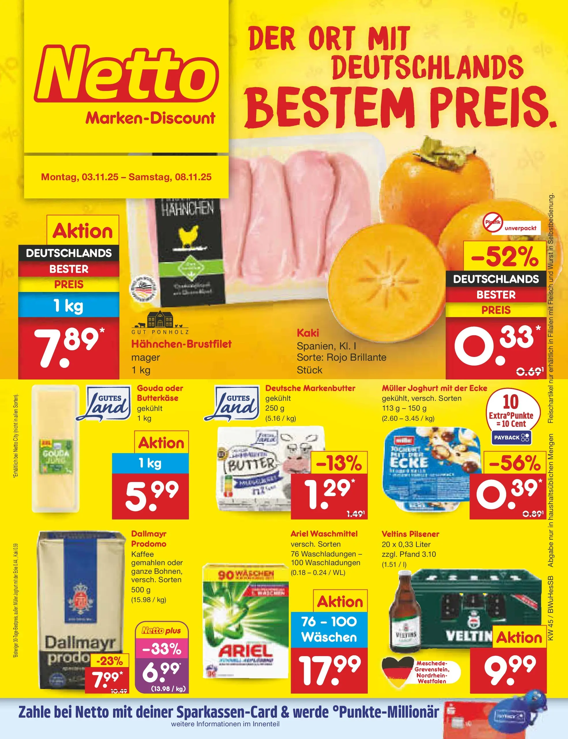Netto Marken-Discount prospekt Witzenhausen	 (ab 03.11.2025) » Angebote | Seite: 1 | Produkte: Hahnchen, Butter, Joghurt, Veltins