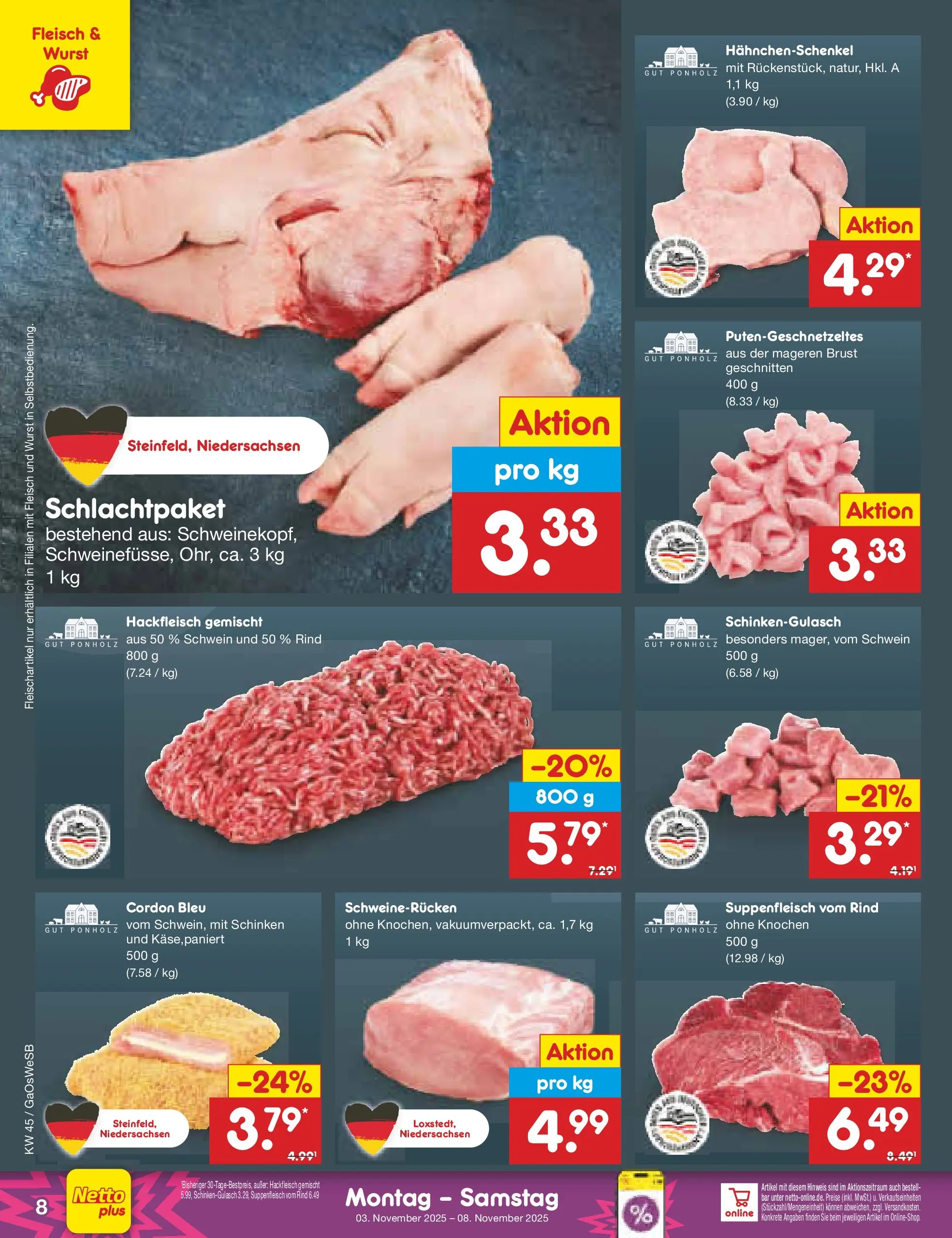 Netto Marken-Discount prospekt Moormerland (ab 03.11.2025) » Angebote | Seite: 8 | Produkte: Hahnchenschenkel, SUP, Schweinerucken, Fleisch Netto Marken-Discount prospekt Moormerland (ab 03.11.2025) » Angebote | Seite: 8 | Produkte: Hahnchenschenkel, SUP, Schweinerucken, Fleisch