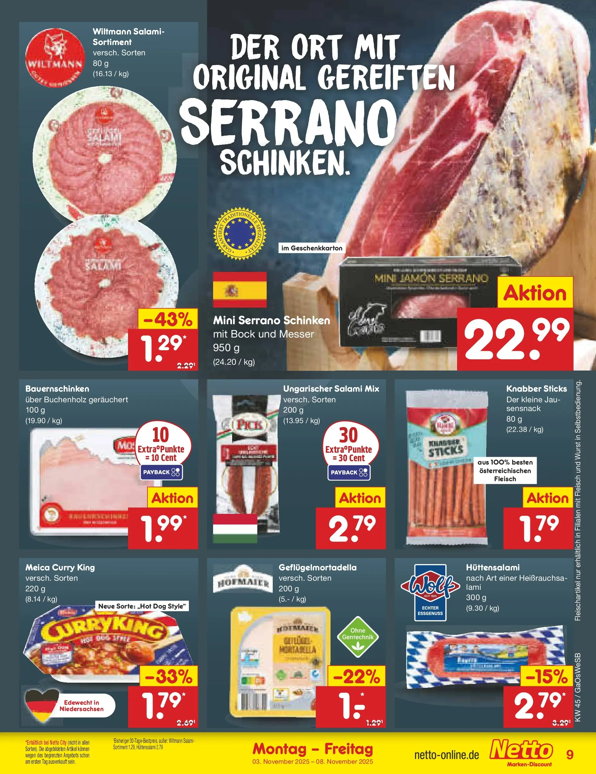 Netto Marken-Discount prospekt Moormerland (ab 03.11.2025) » Angebote | Seite: 9 | Produkte: Salami, Serrano schinken, Schinken, Fleisch Netto Marken-Discount prospekt Moormerland (ab 03.11.2025) » Angebote | Seite: 9 | Produkte: Salami, Serrano schinken, Schinken, Fleisch