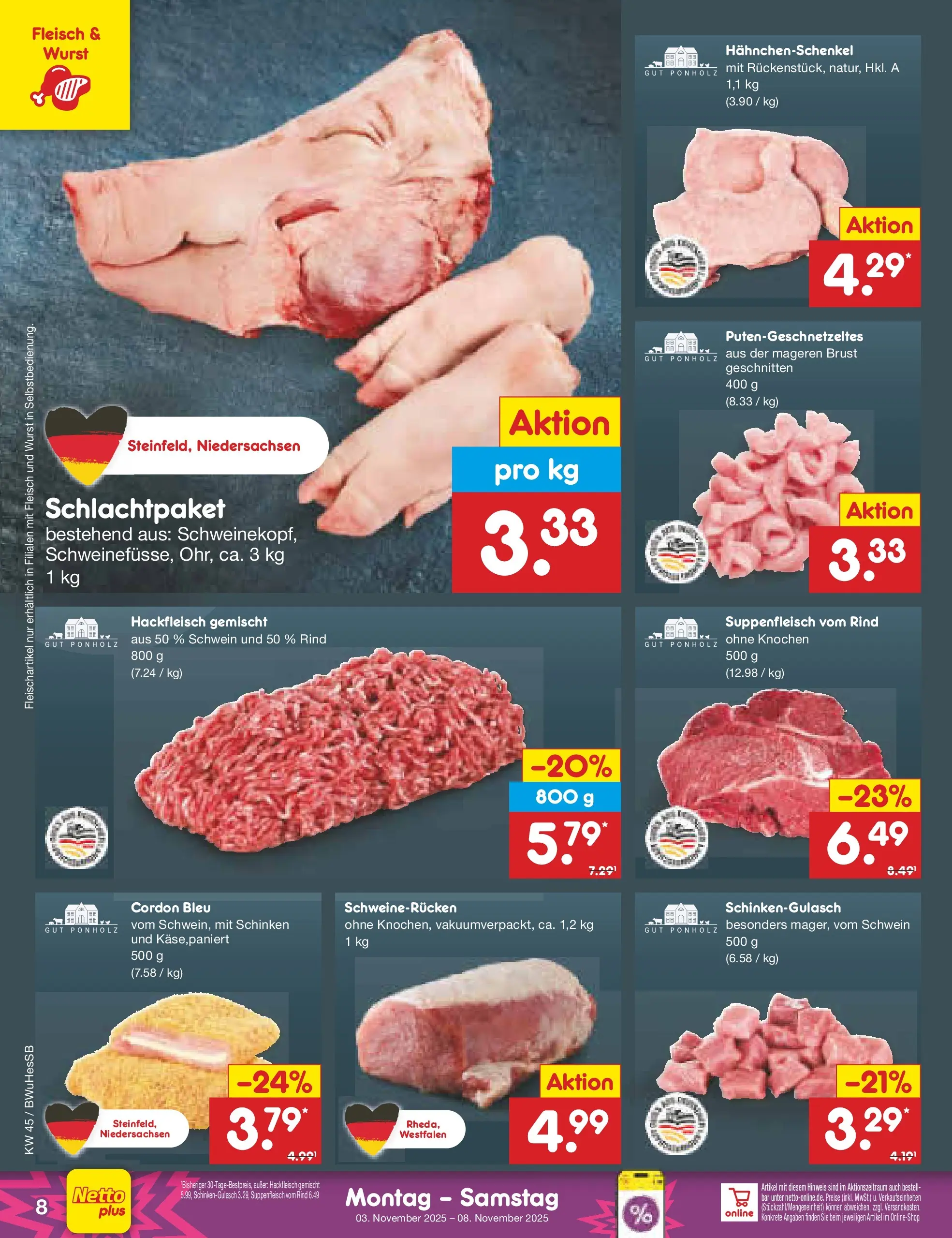 Netto Marken-Discount prospekt Witzenhausen	 (ab 03.11.2025) » Angebote | Seite: 8 | Produkte: Hahnchenschenkel, Suppenfleisch, Wurst, Schweinerucken