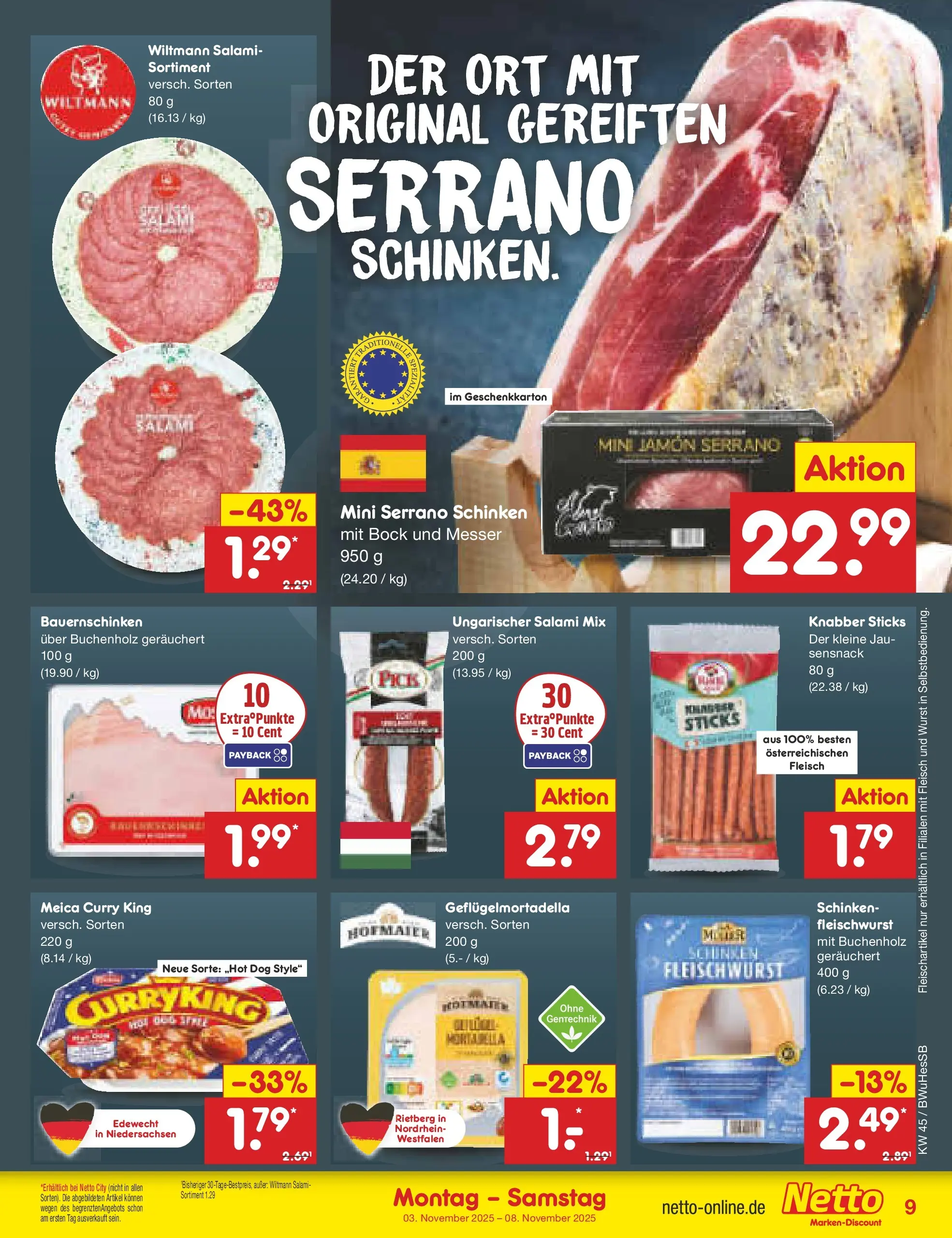 Netto Marken-Discount prospekt Witzenhausen	 (ab 03.11.2025) » Angebote | Seite: 9 | Produkte: Wurst, Salami, Serrano schinken, Fleisch