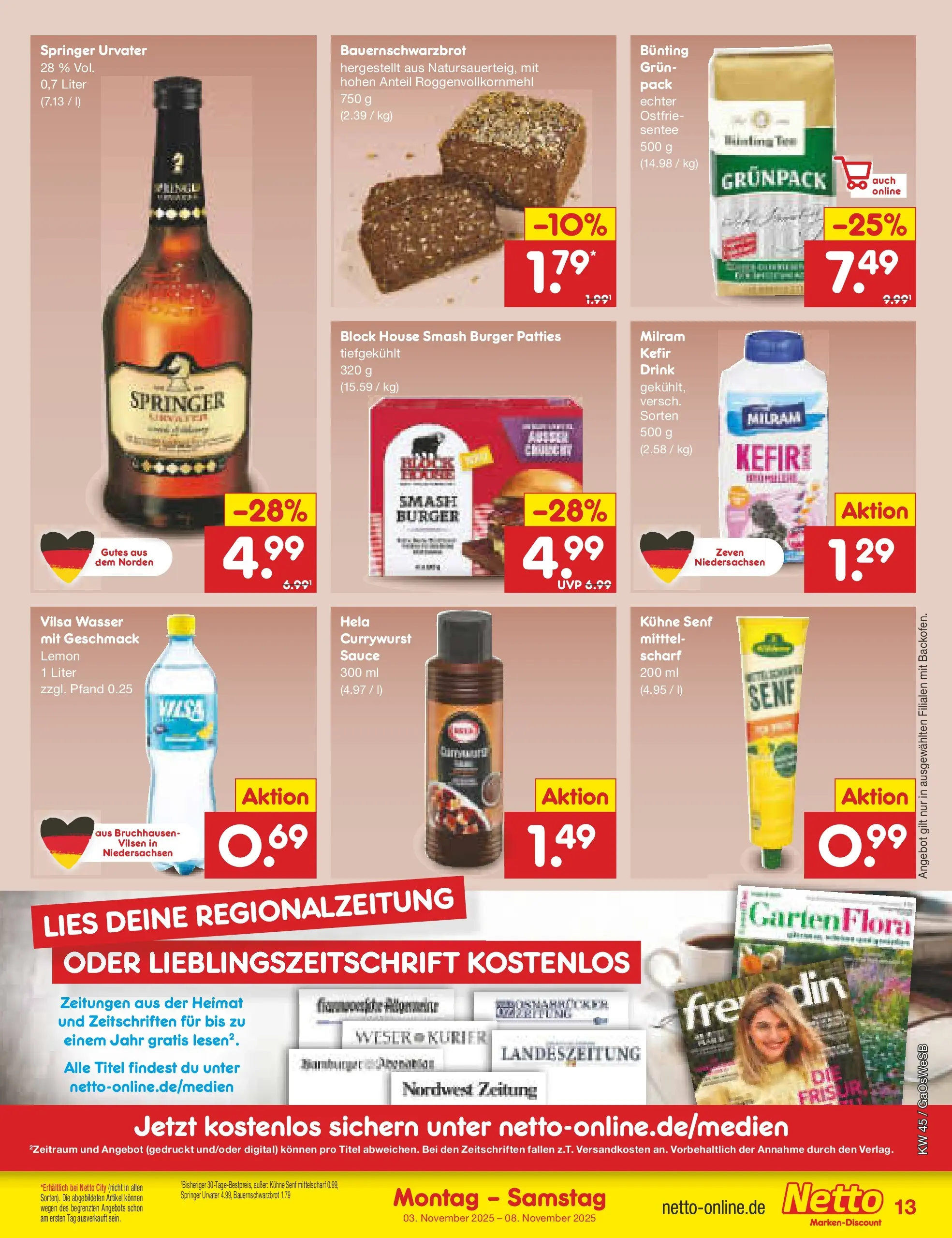 Netto Marken-Discount prospekt Moormerland (ab 03.11.2025) » Angebote | Seite: 13 | Produkte: Kefir, Burger, Wasser, Milram Netto Marken-Discount prospekt Moormerland (ab 03.11.2025) » Angebote | Seite: 13 | Produkte: Kefir, Burger, Wasser, Milram