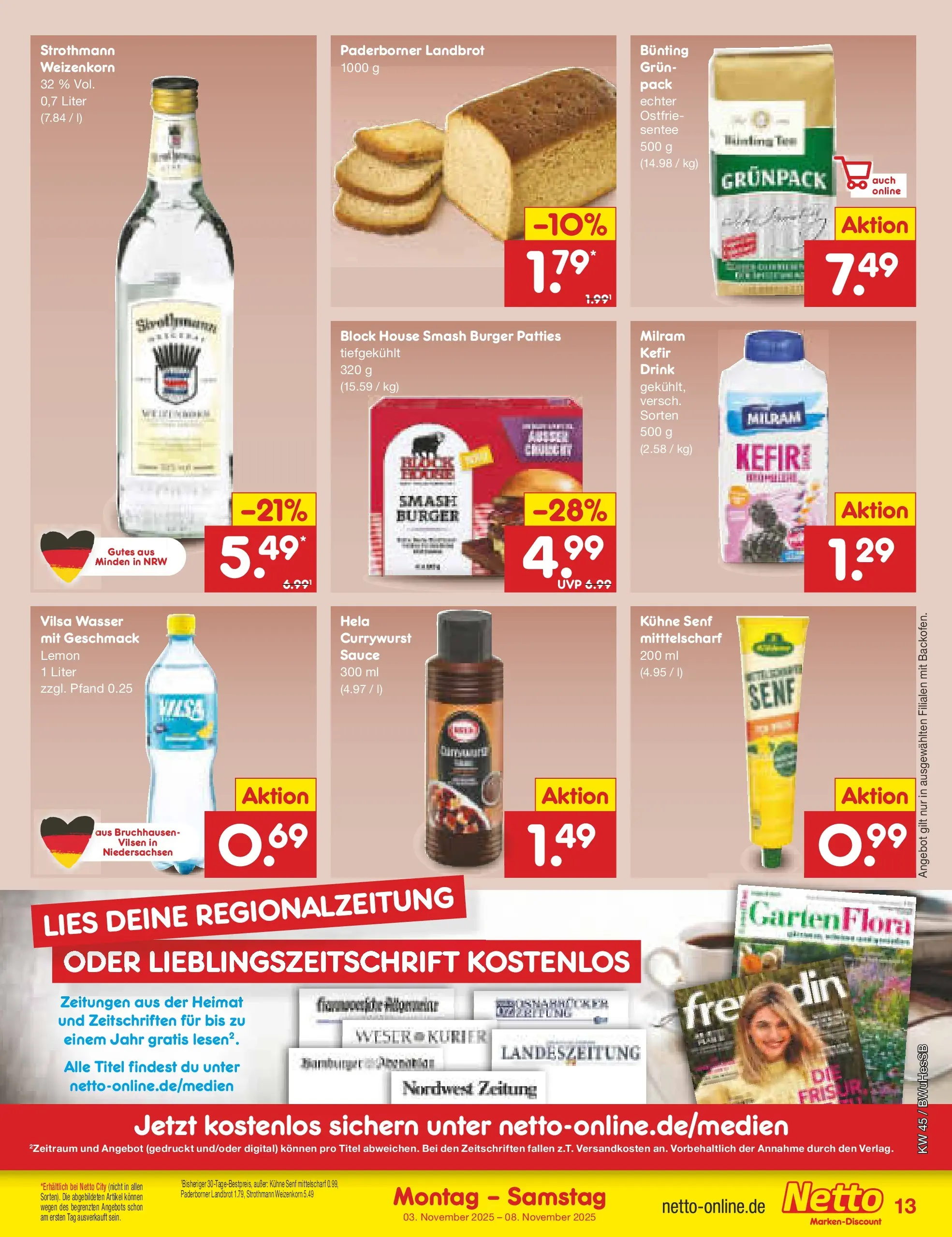 Netto Marken-Discount prospekt Witzenhausen	 (ab 03.11.2025) » Angebote | Seite: 13 | Produkte: Kefir, Burger, Wasser, Milram