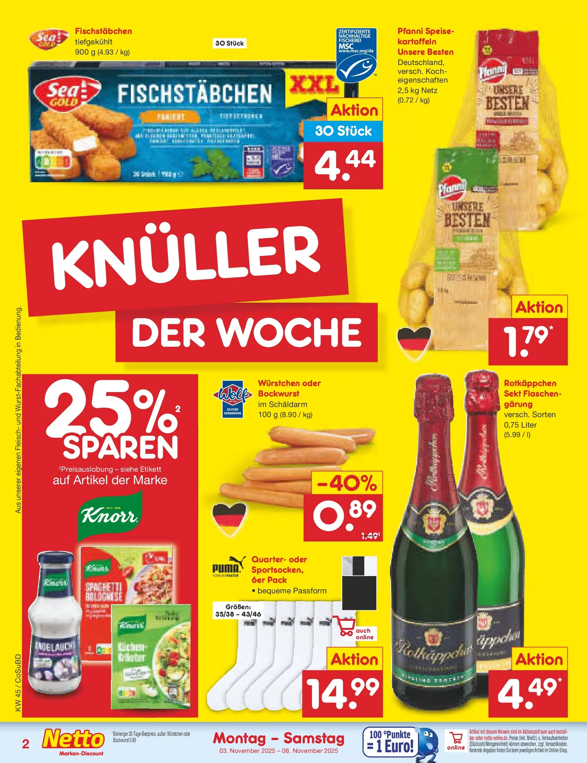 Netto Marken-Discount prospekt Delitzsch	 (ab 03.11.2025) » Angebote | Seite: 2 | Produkte: Sekt, Kartoffeln, Fischstabchen, Fleisch