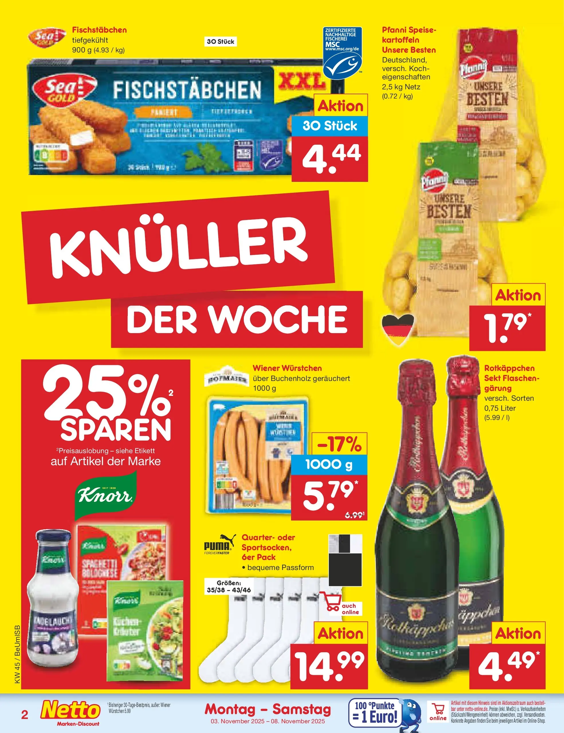 Netto Marken-Discount prospekt Kremmen	 (ab 03.11.2025) » Angebote | Seite: 2 | Produkte: Sekt, Kartoffeln, Fischstabchen, Rotkäppchen