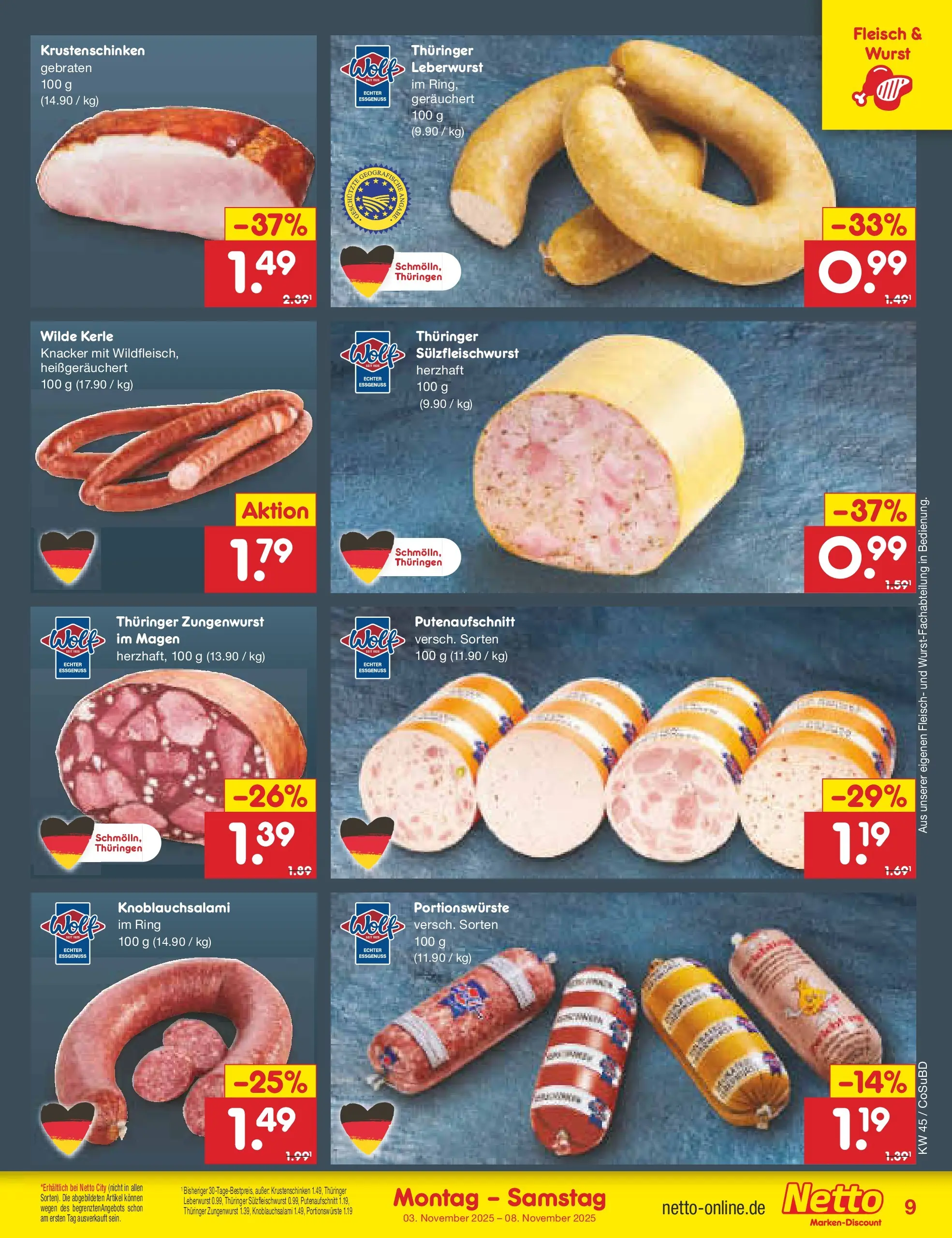 Netto Marken-Discount prospekt Delitzsch	 (ab 03.11.2025) » Angebote | Seite: 9 | Produkte: Wurst, Fleisch