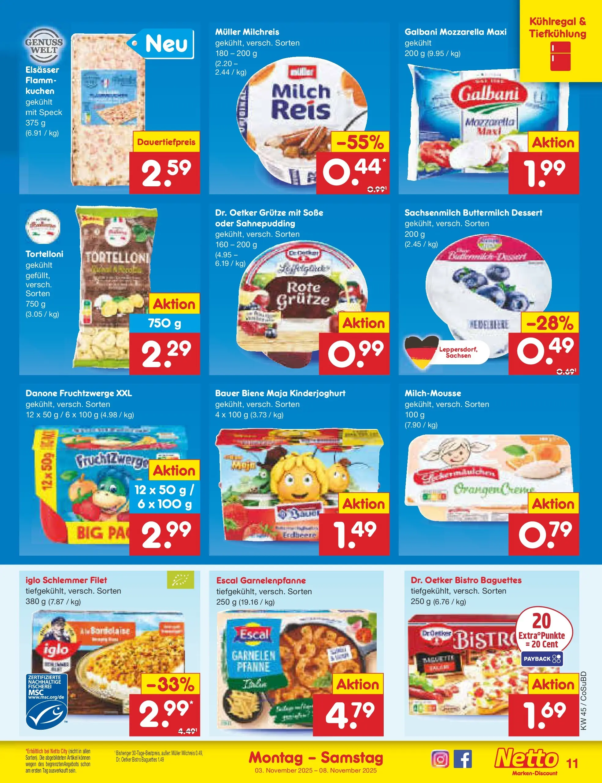Netto Marken-Discount prospekt Delitzsch	 (ab 03.11.2025) » Angebote | Seite: 11 | Produkte: Milch, Iglo, Garnelen, Soße