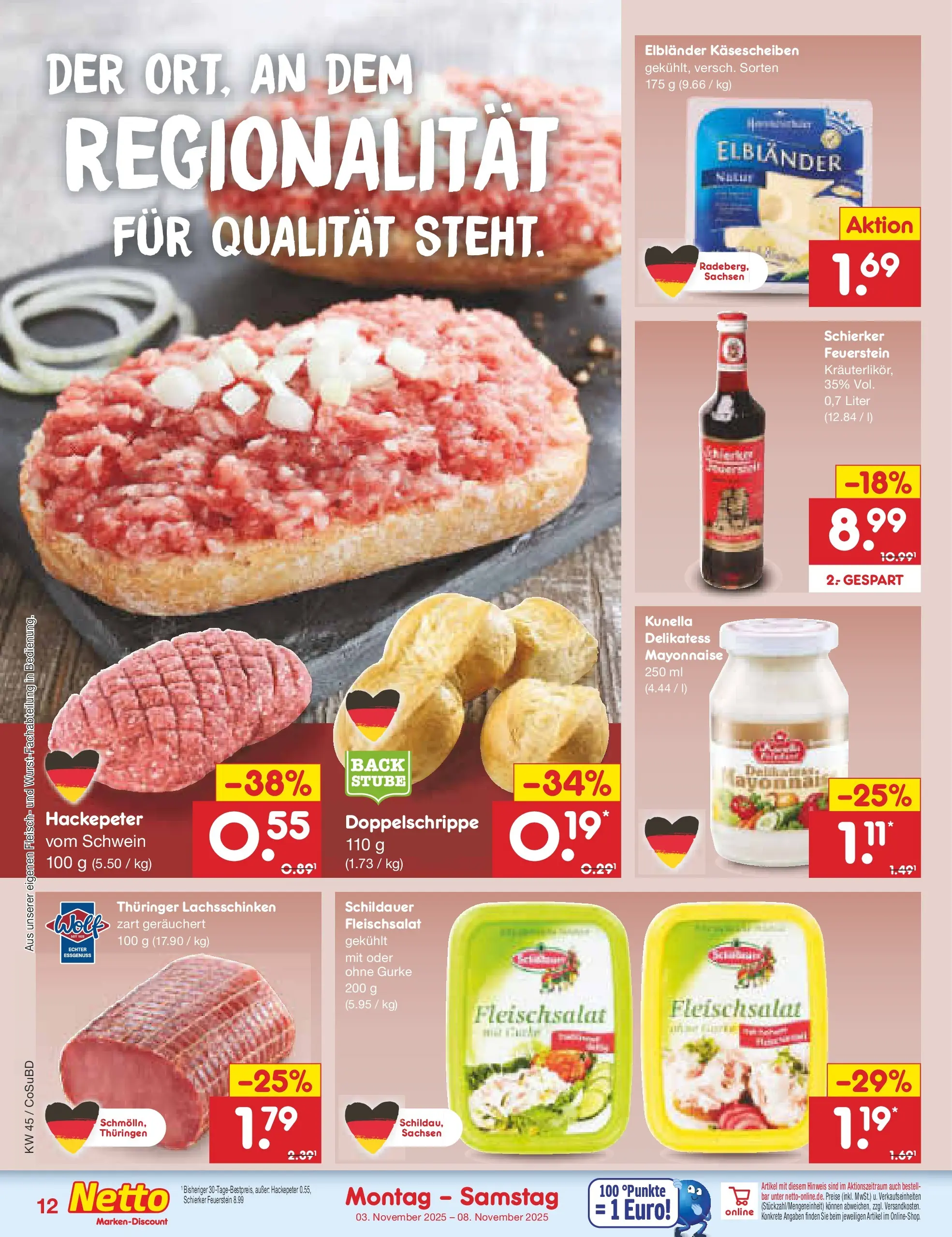 Netto Marken-Discount prospekt Delitzsch	 (ab 03.11.2025) » Angebote | Seite: 12 | Produkte: Mayonnaise, Fleisch
