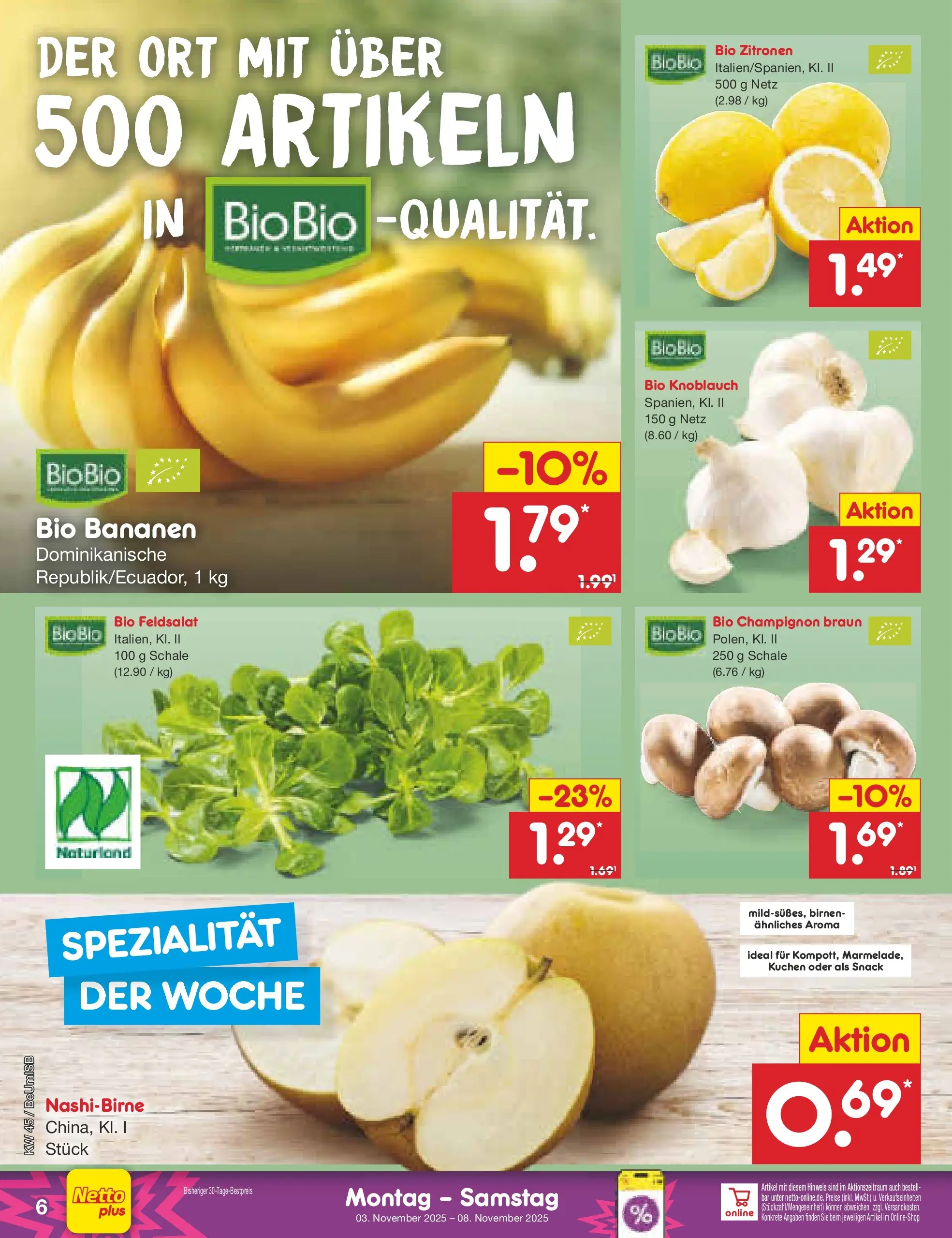 Netto Marken-Discount prospekt Kremmen	 (ab 03.11.2025) » Angebote | Seite: 6 | Produkte: Bananen, Knoblauch, Kuchen, Zitronen